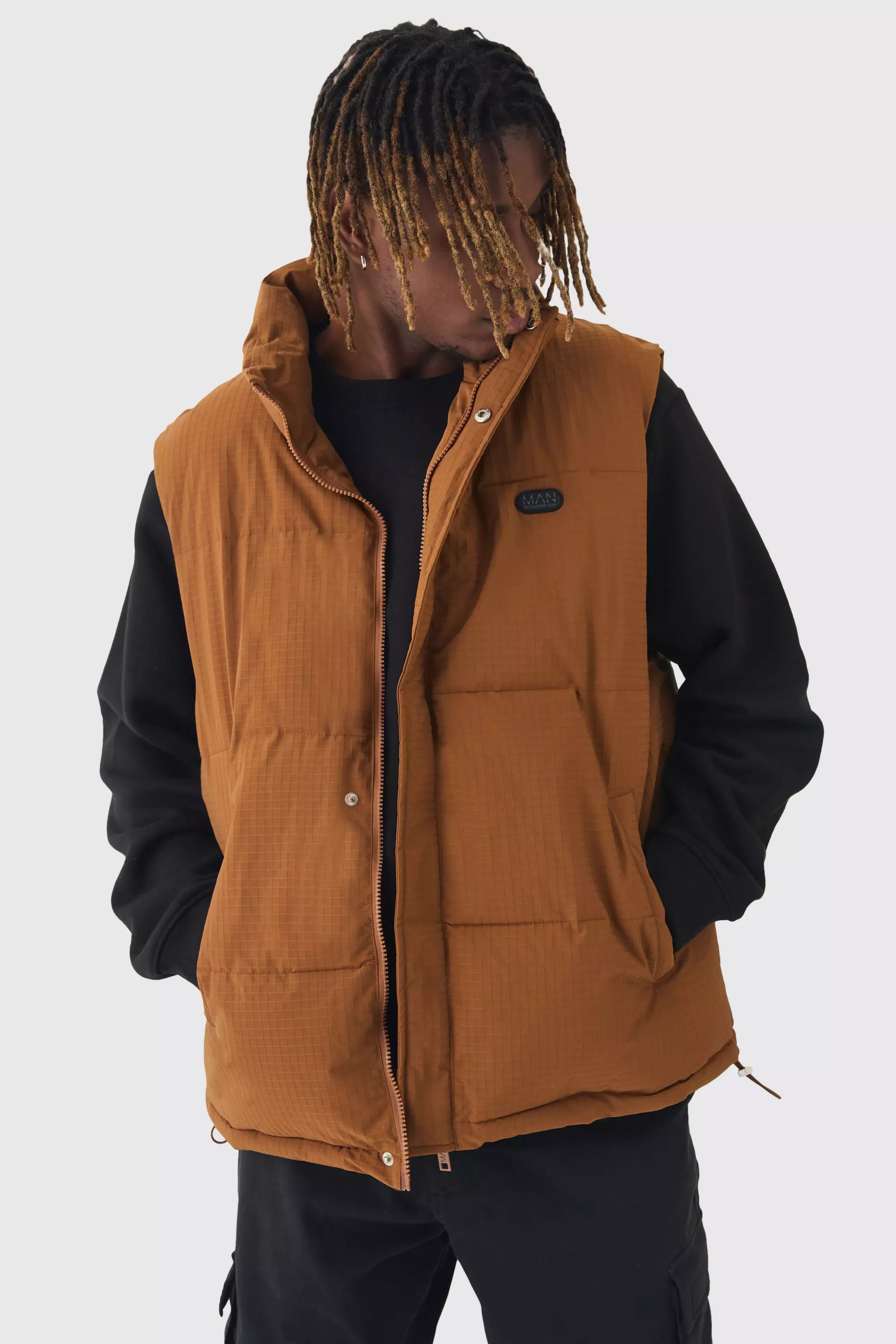 Tall Man Ripstop Funnel Neck Puffer Gilet In Tan alternative image