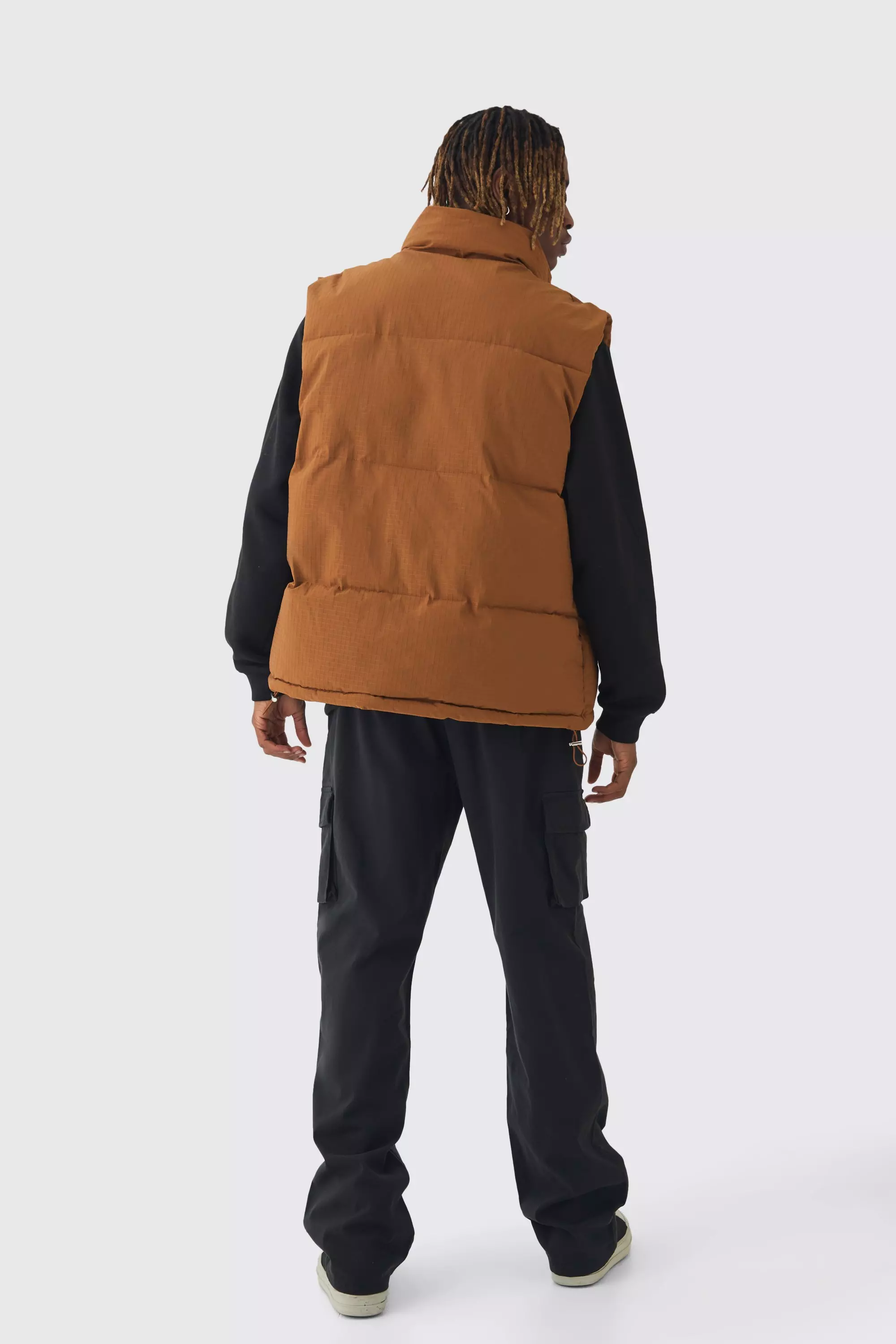 Tall Man Ripstop Funnel Neck Puffer Gilet In Tan alternative image