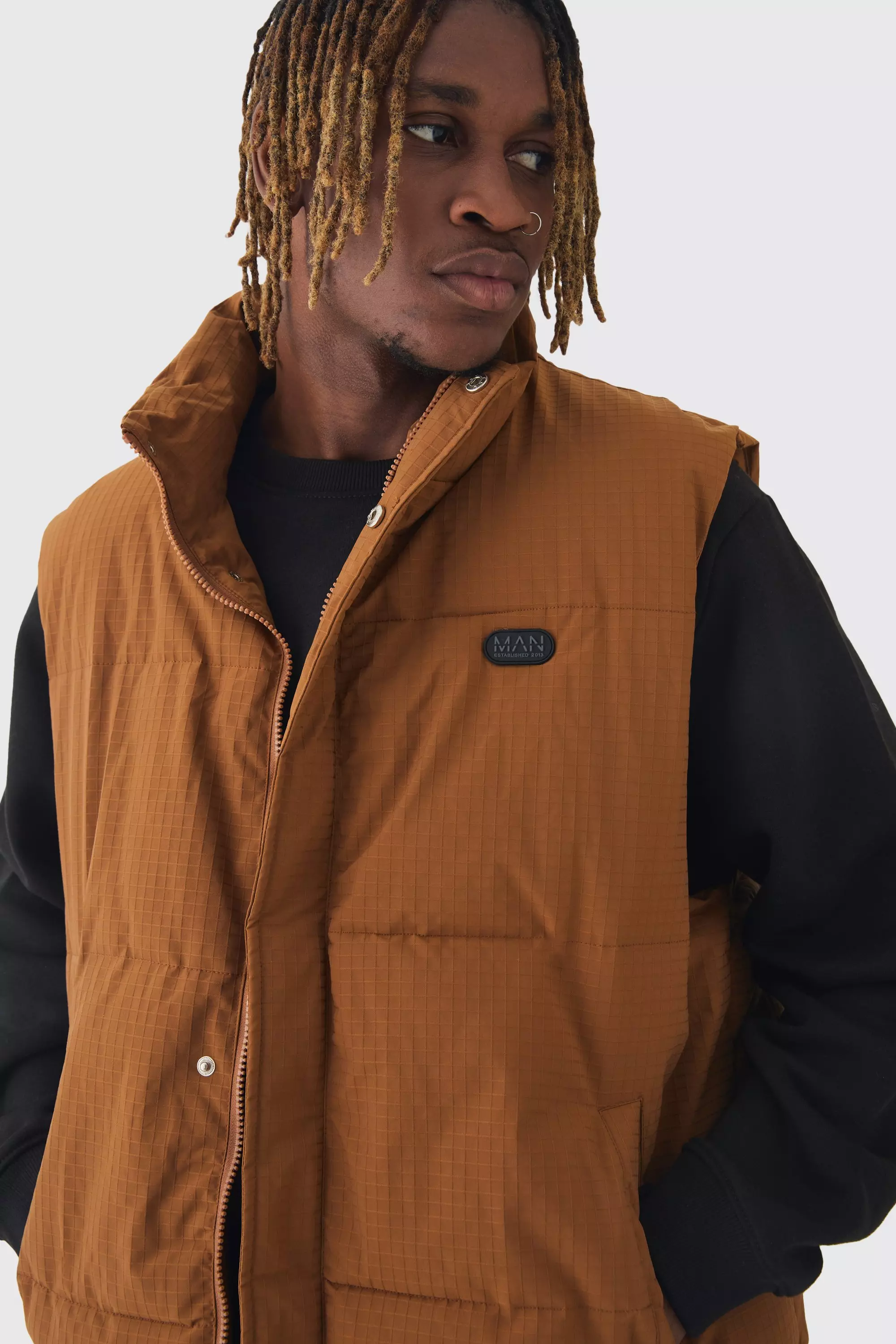 Tall Man Ripstop Funnel Neck Puffer Gilet In Tan alternative image