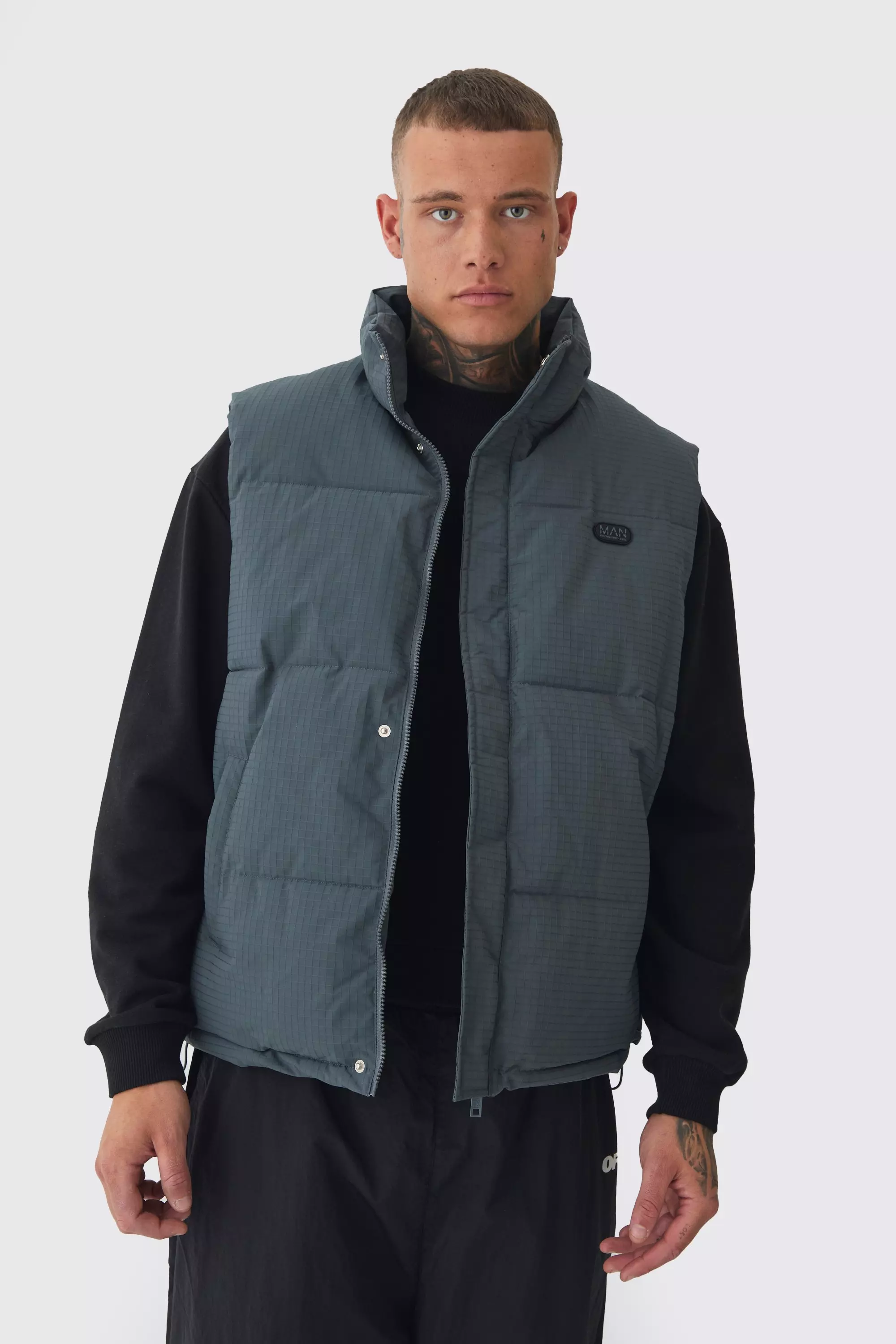 Tall Man Ripstop Funnel Neck Puffer Vest In Slate boohooMAN USA