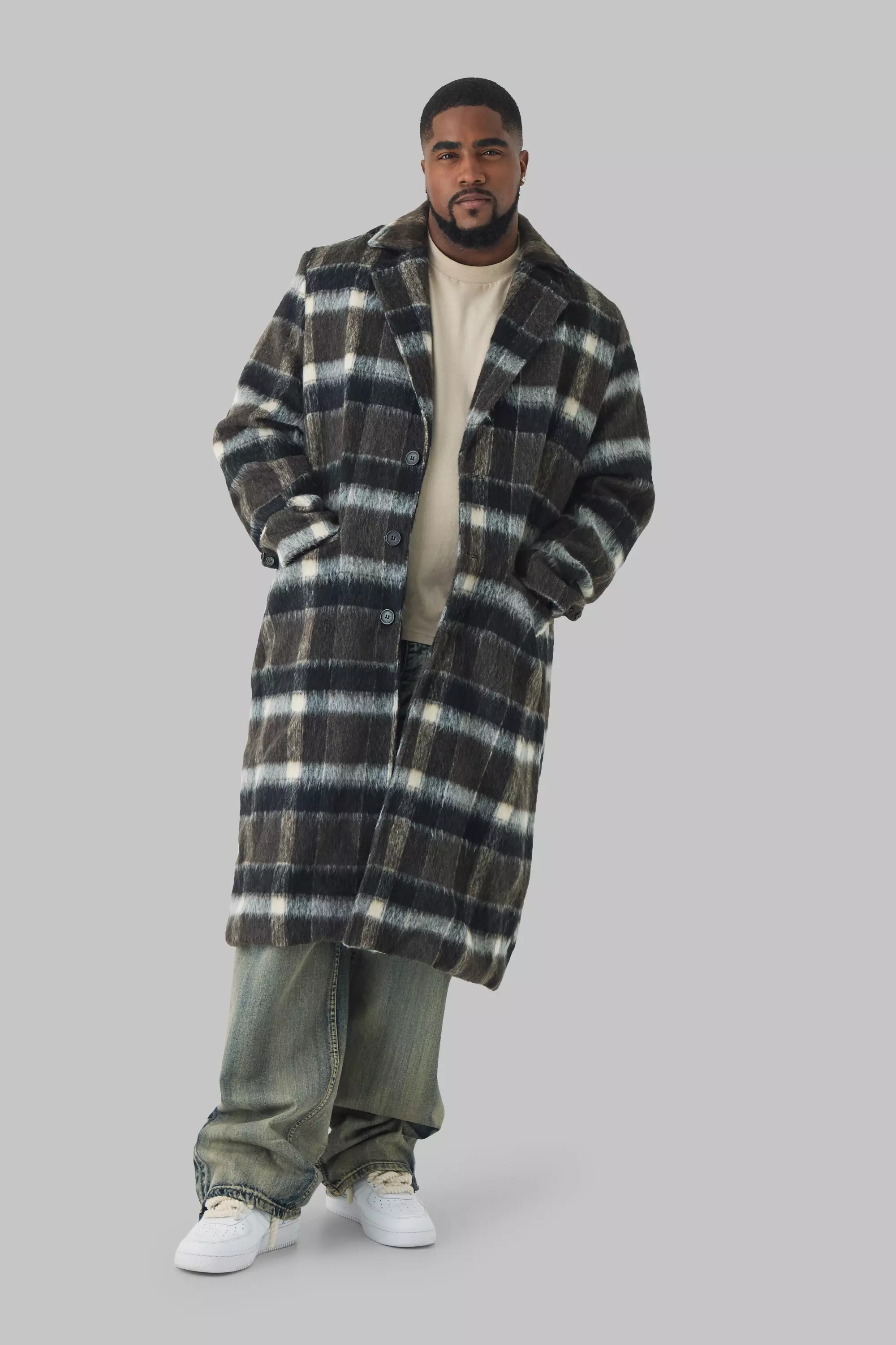 Brown Plus Brushed Plaid Overcoat In Brown