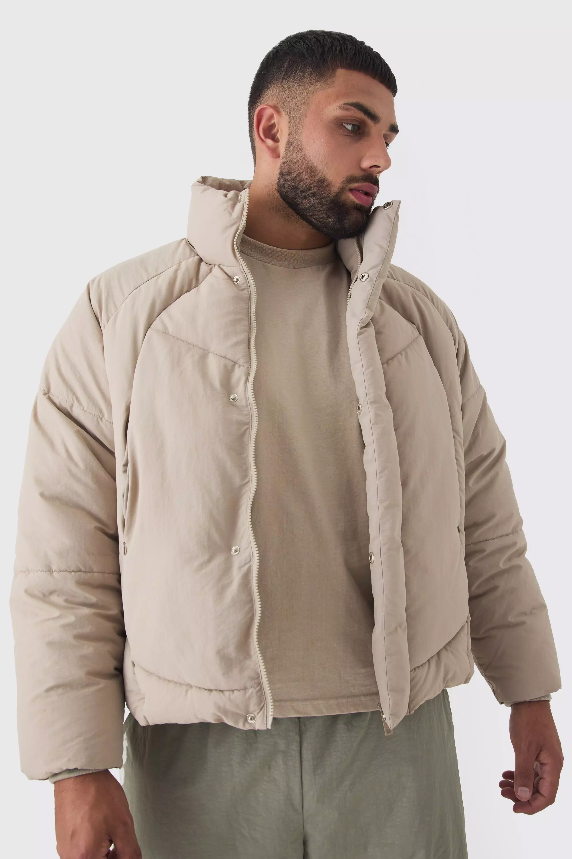 Beige Plus Abstract Quilted Funnel Neck Puffer Jacket In Stone