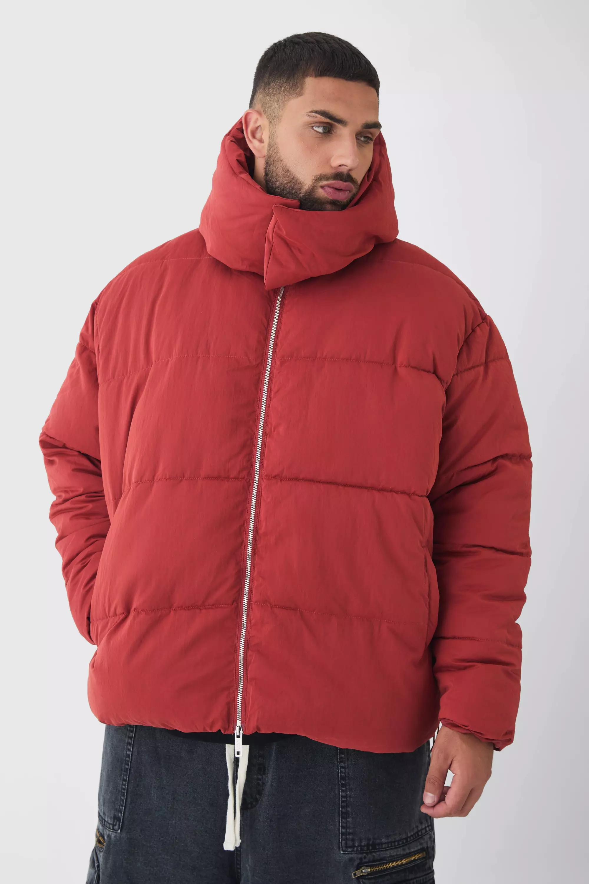 Plus Extended Funnel Neck Hooded Puffer Jacket In Rust Rust