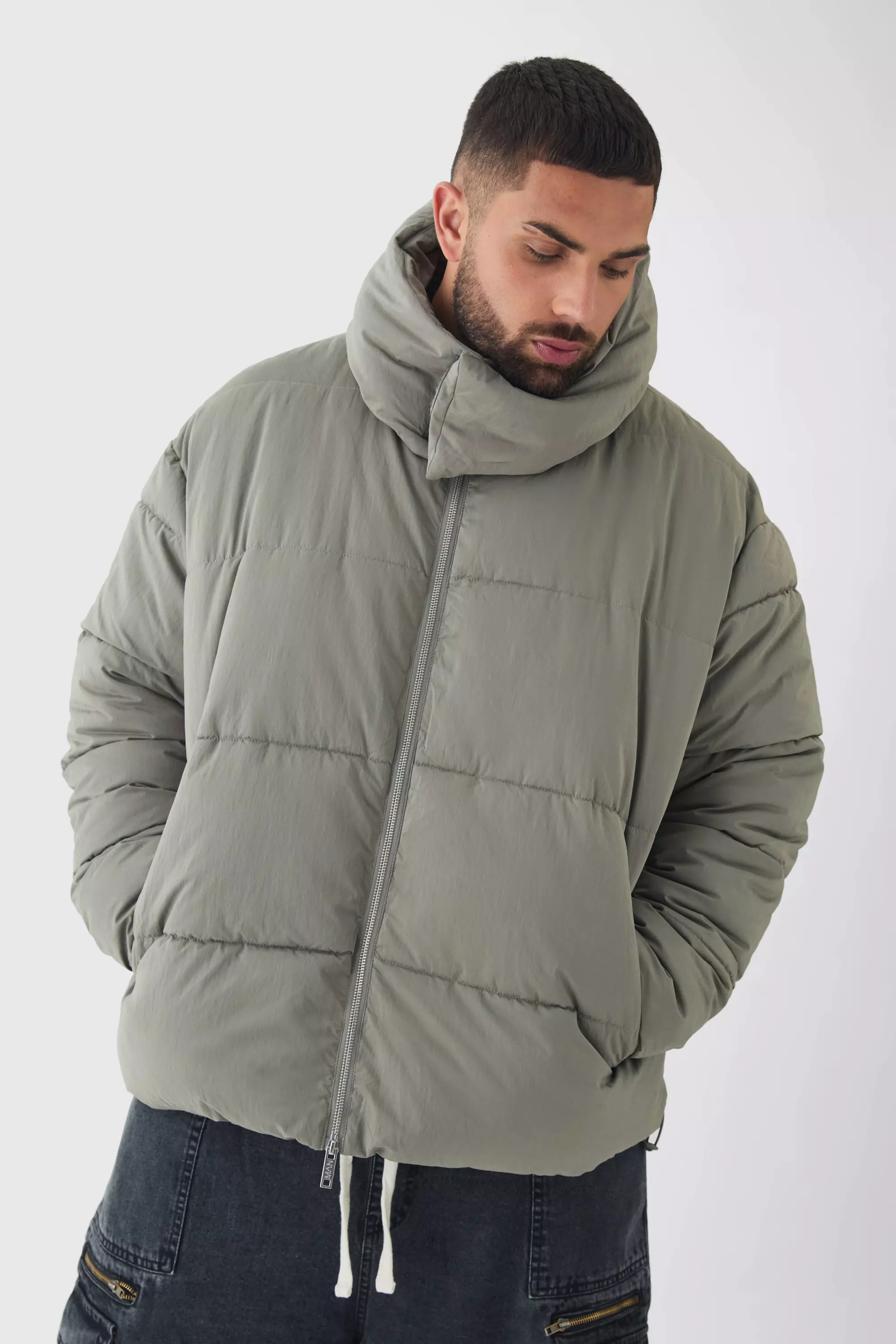 Plus Extended Funnel Neck Hooded Puffer Jacket In Grey Grey