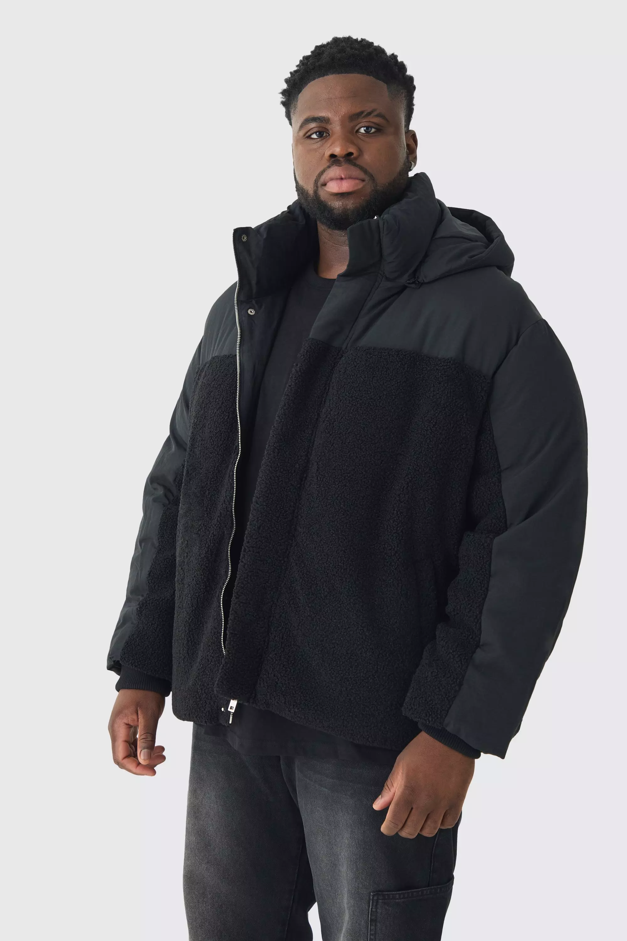 Plus Borg And Nylon Padded Coat In Black alternative image