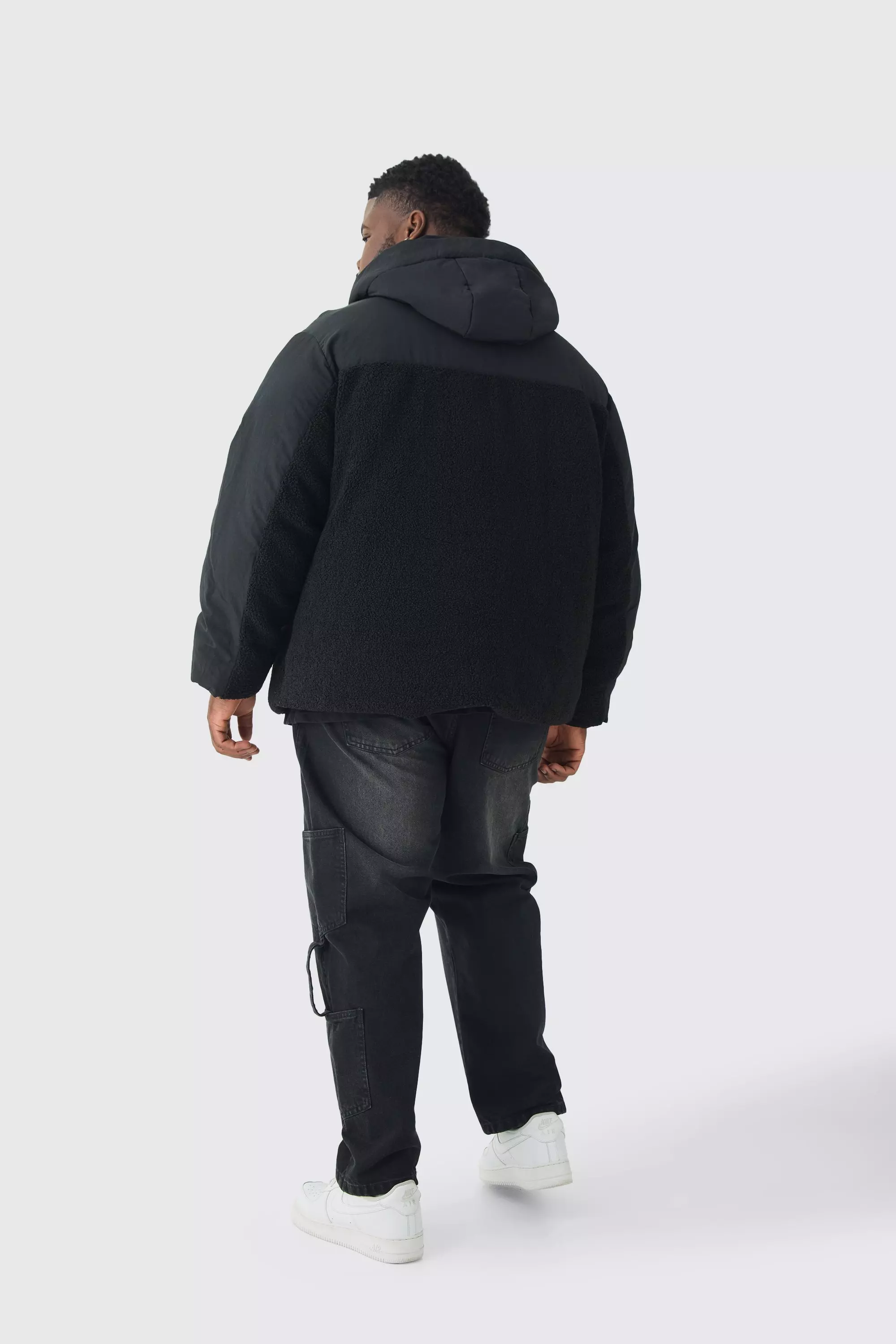 Plus Borg And Nylon Padded Coat In Black alternative image