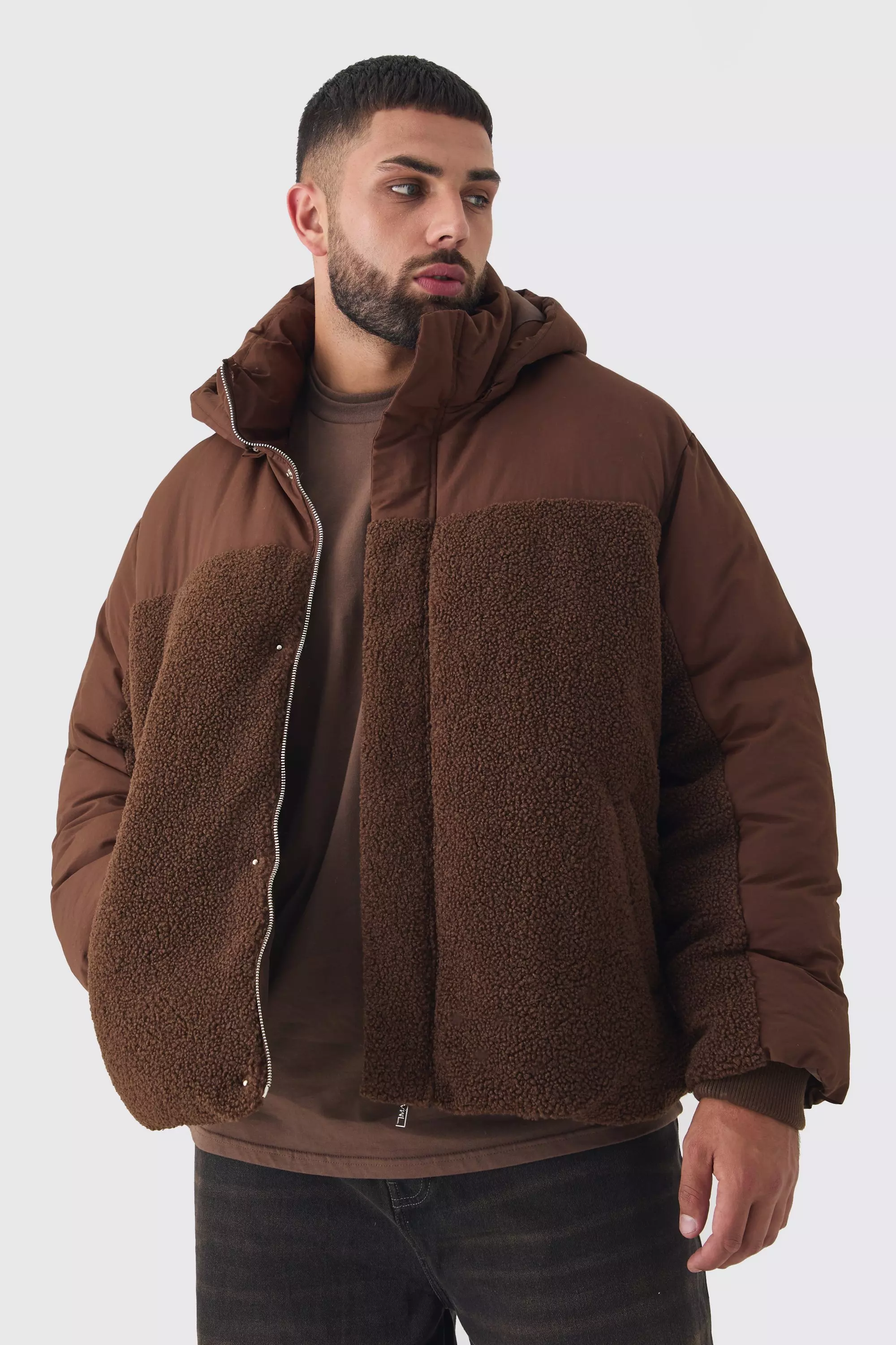 Mens Plus Borg and Nylon Padded Coat in Chocolate Brown