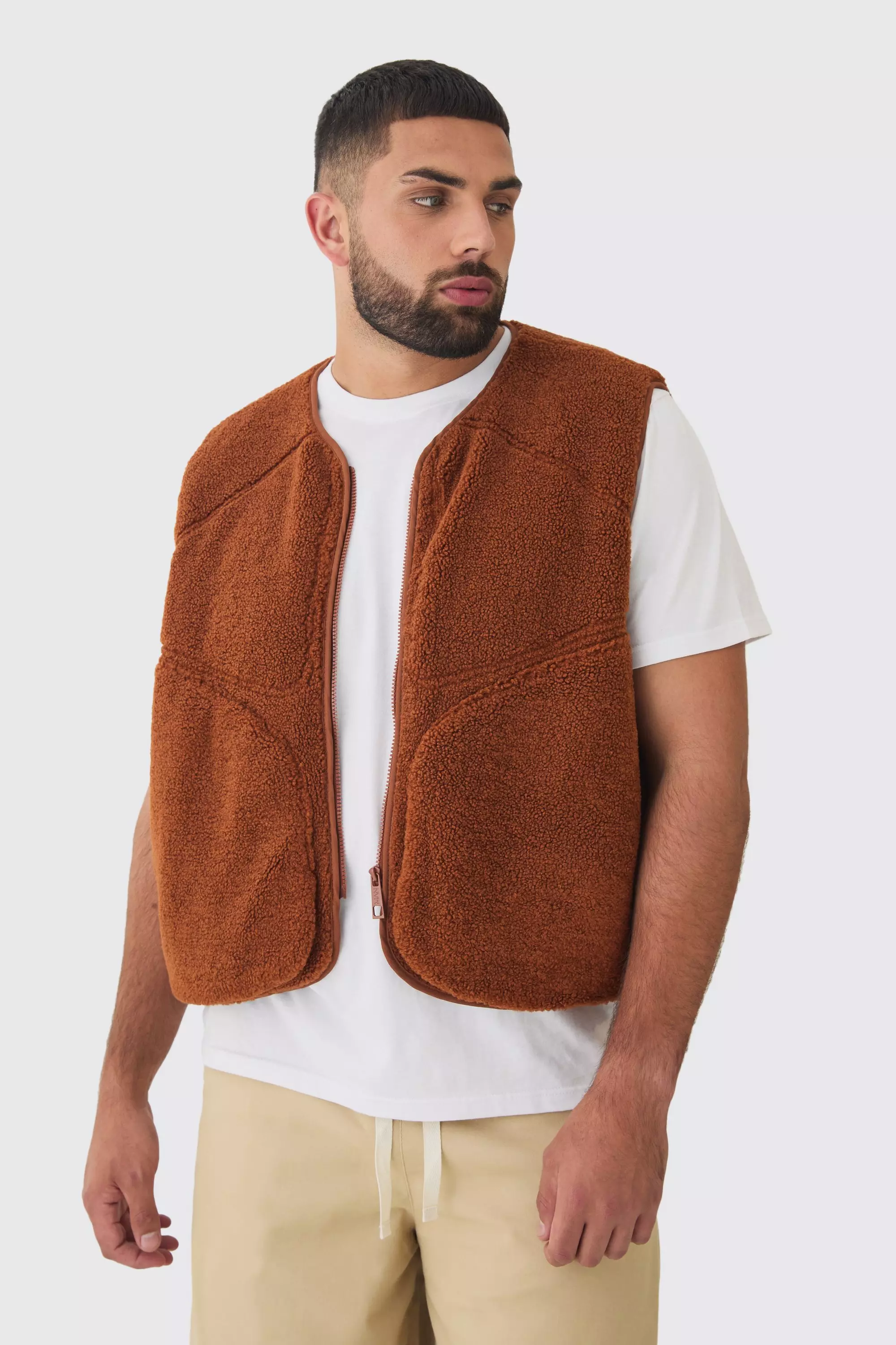 Plus Boxy Borg Pocket Detail Vest In Tan Tan