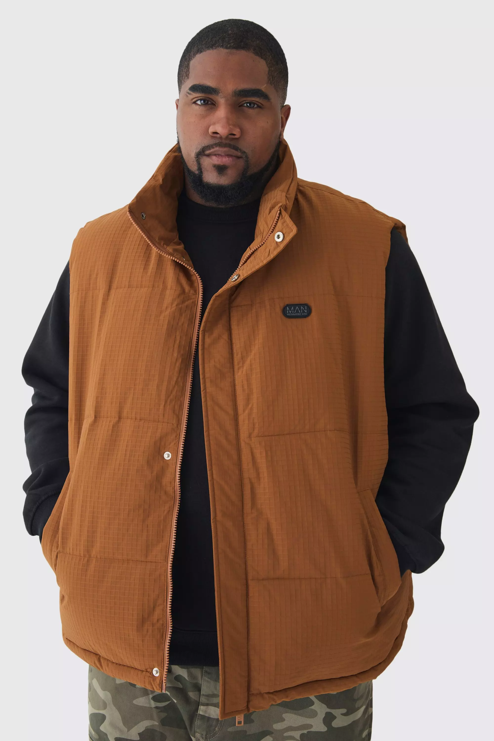 Plus Man Ripstop Funnel Neck Puffer Vest In Tan Tan