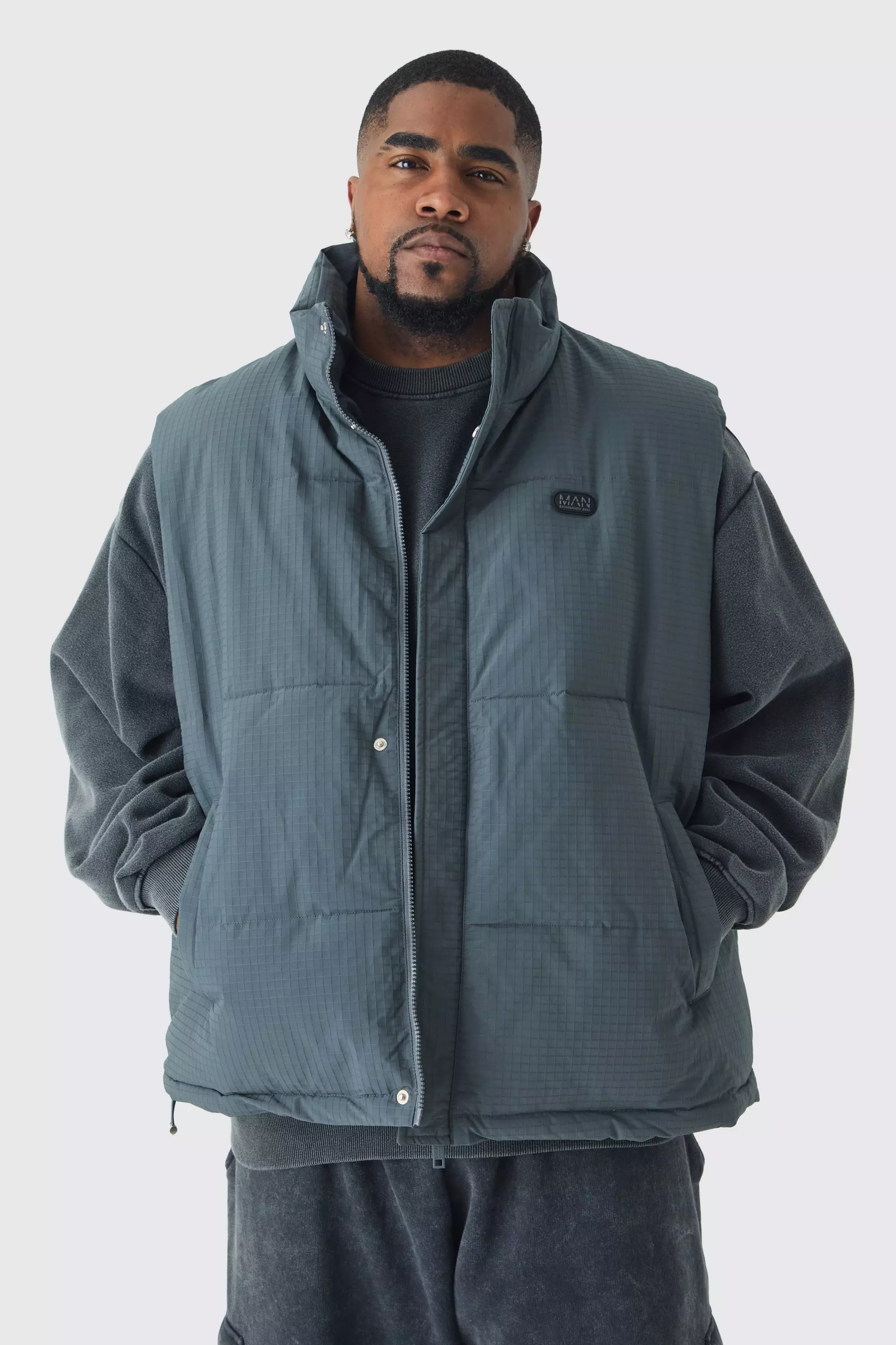 Plus Man Ripstop Funnel Neck Puffer Vest In Slate Slate