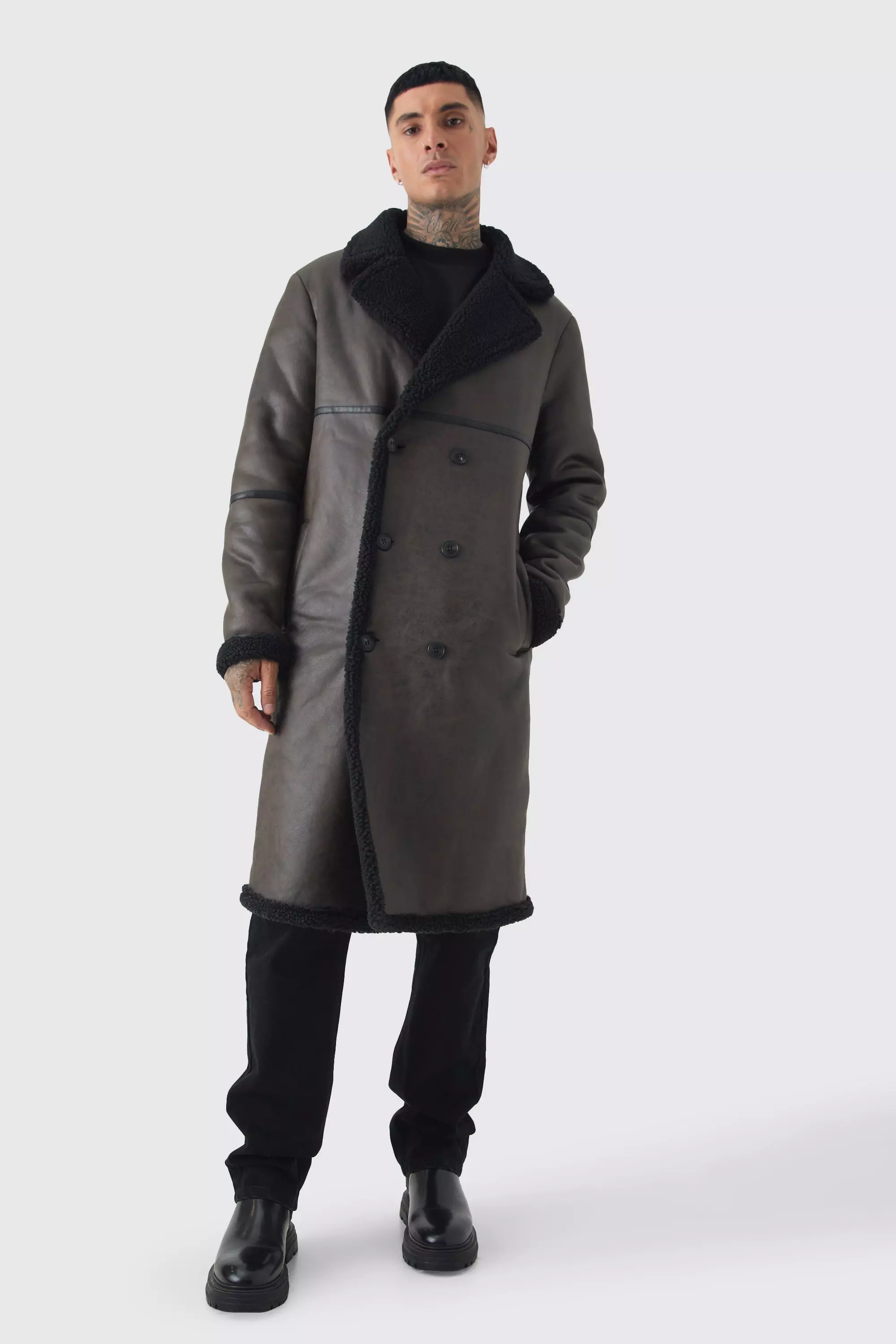 Tall - Veste aviateur longue croisée marron foncé, Dark brown autre image