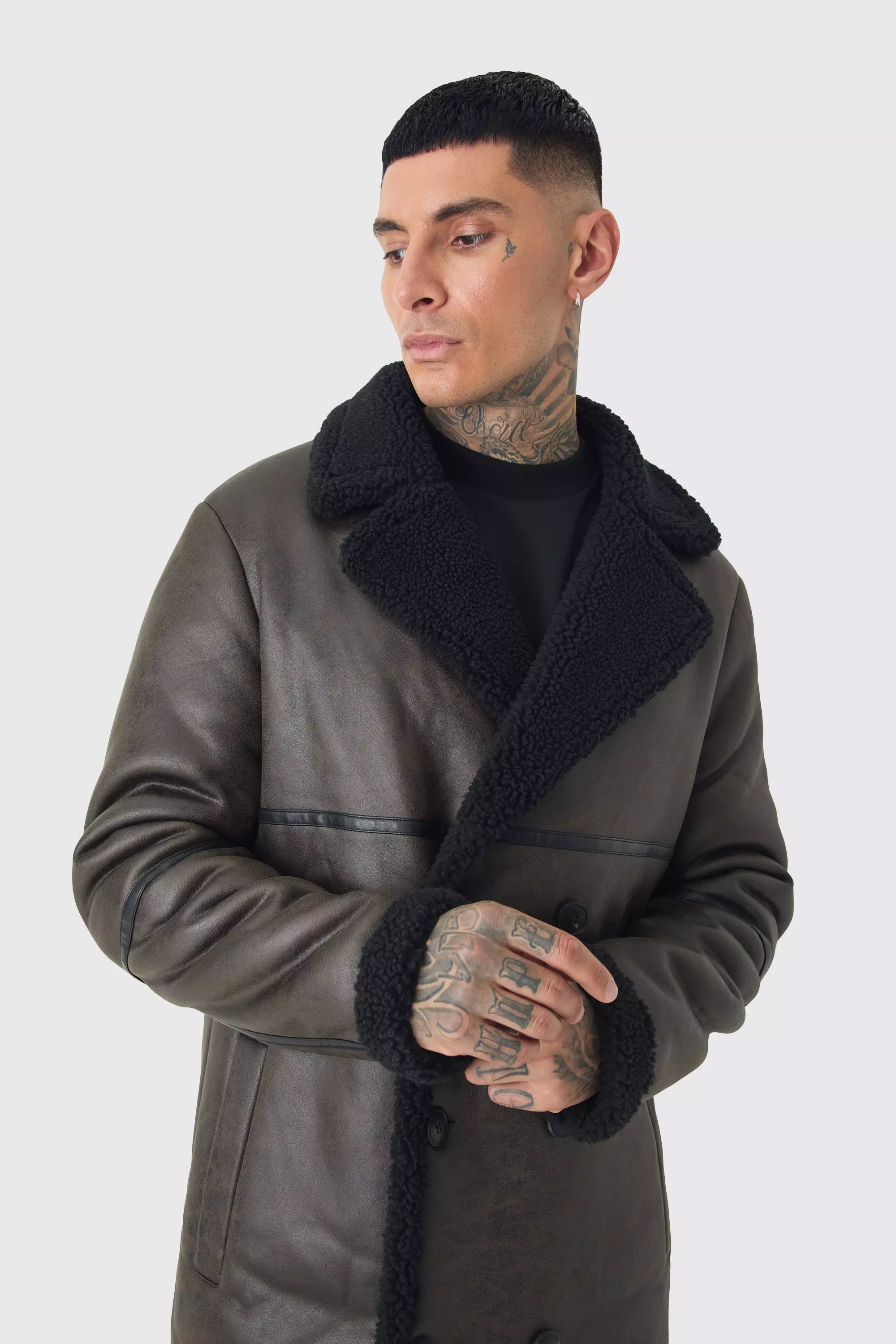Tall - Veste aviateur longue croisée marron foncé, Dark brown autre image