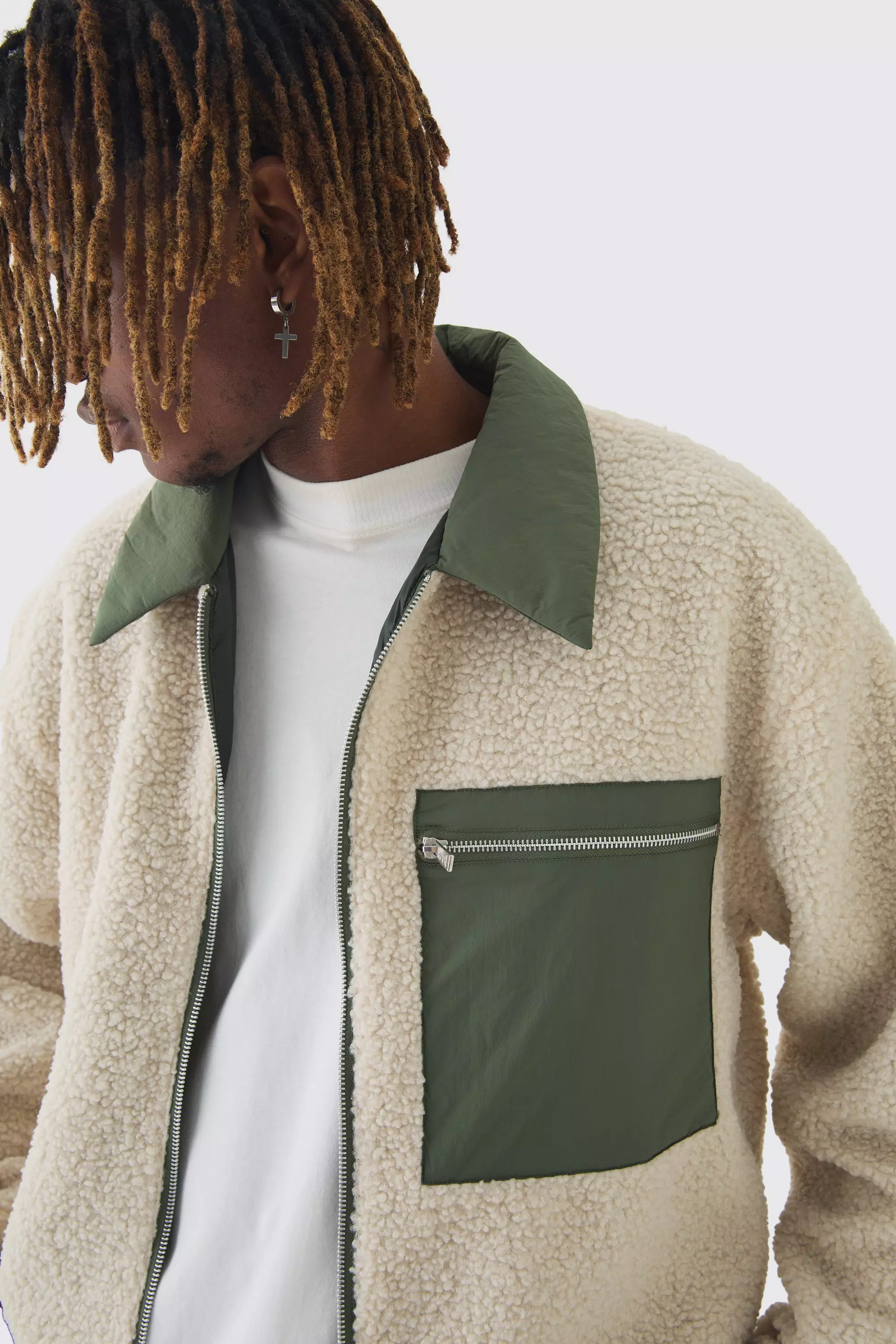 Tall Boxy Borg And Nylon Collared Bomber Jacket In Ecru boohooMAN IE
