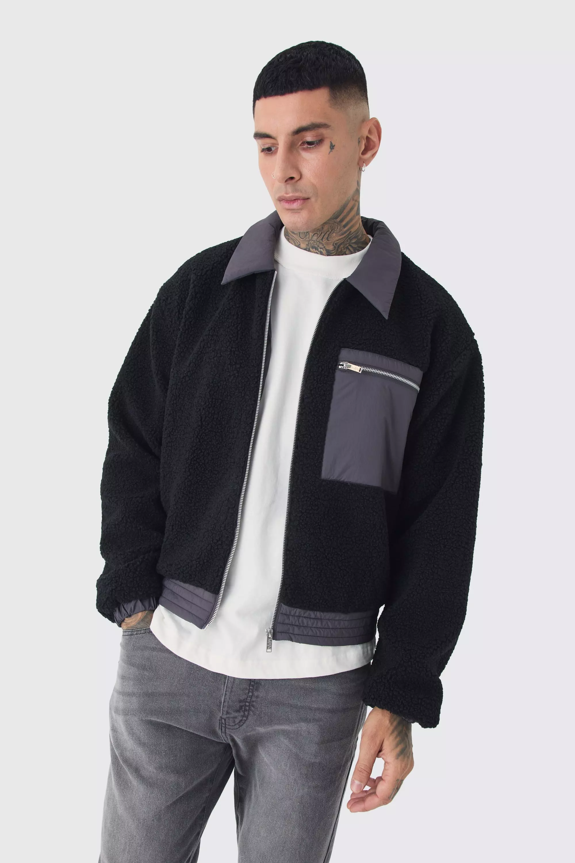 Tall Boxy Borg And Nylon Collared Bomber Jacket In Black Black