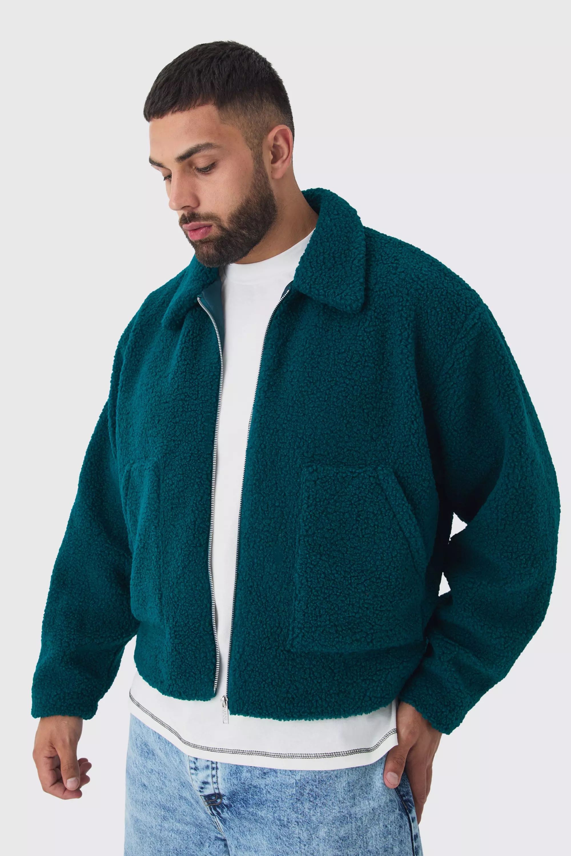 Plus Borg Harrington Jacket In Teal Teal