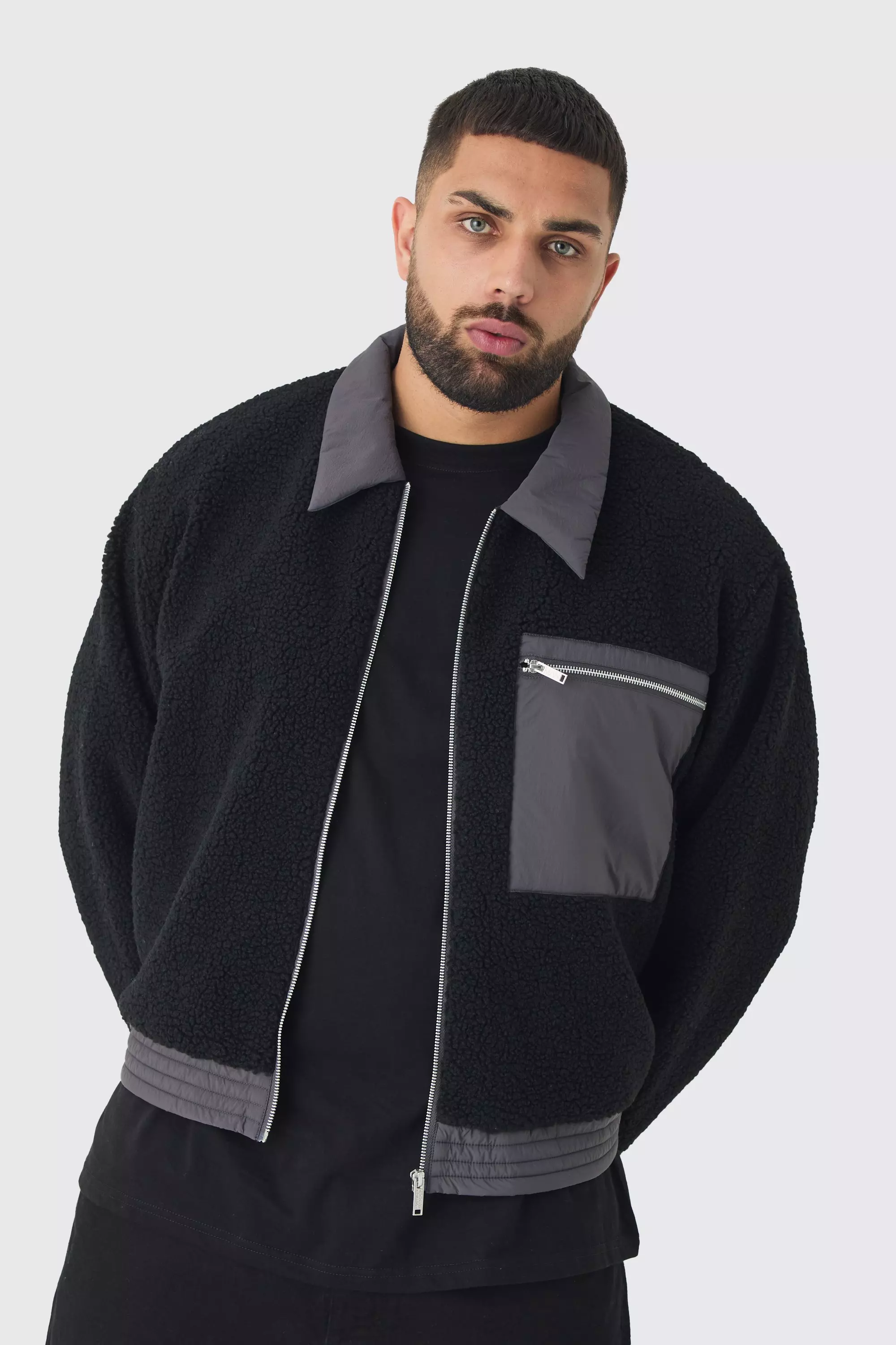 Plus Boxy Borg And Nylon Collared Bomber Jacket In Black Black