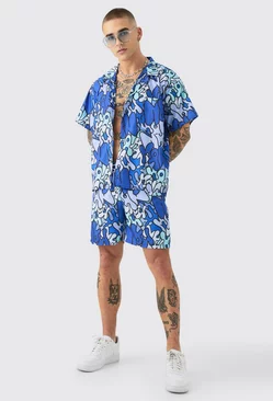 Boxy Ripstop Graffiti Shirt & Mid Swim Short Set Blue