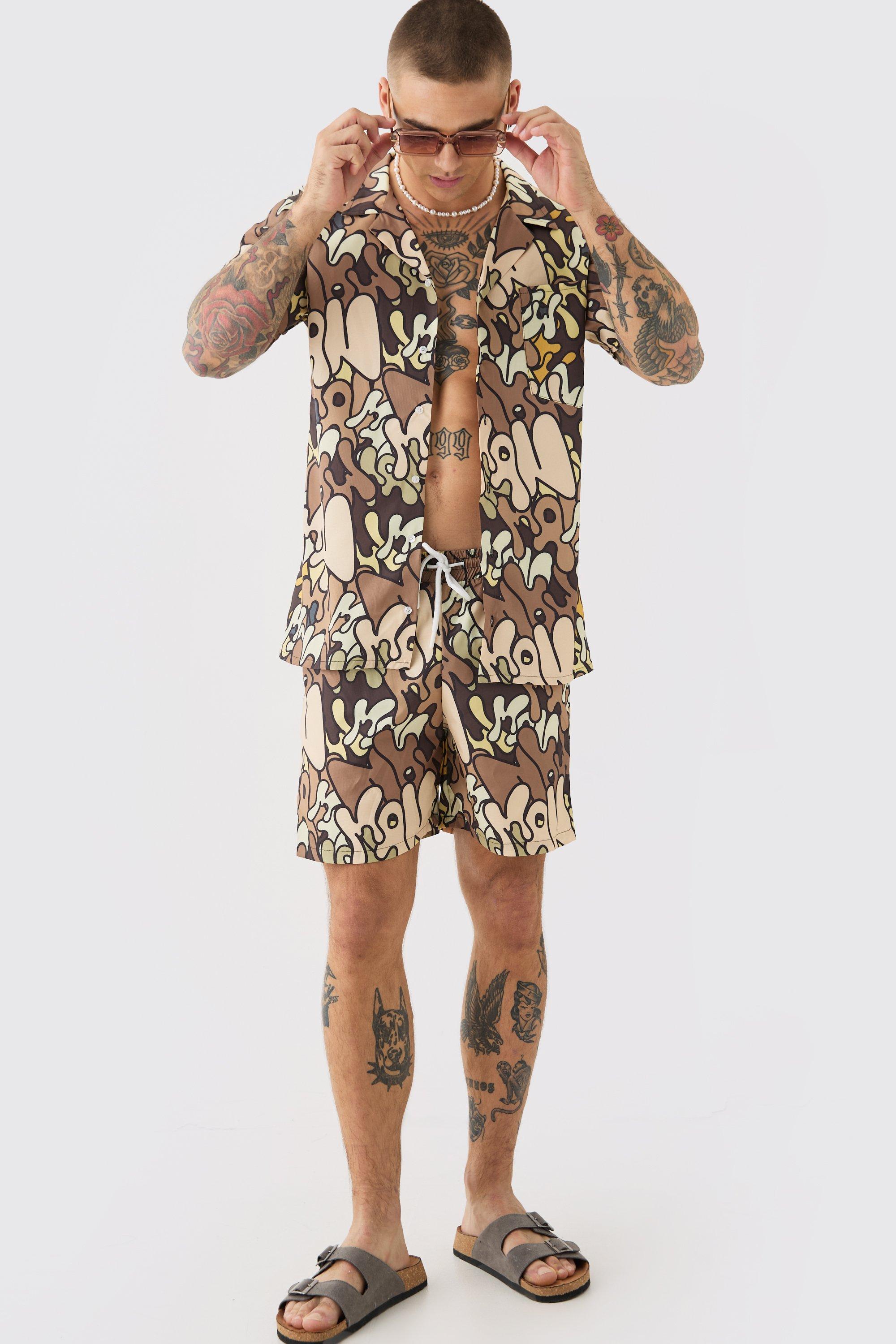 【boohoo】BOXY RIPSTOP GRAFFITI SHIRT & MID SWIM SHORT SET Ripstop Graffiti Shirt & Mid Swim Short Set | boohooMAN USA