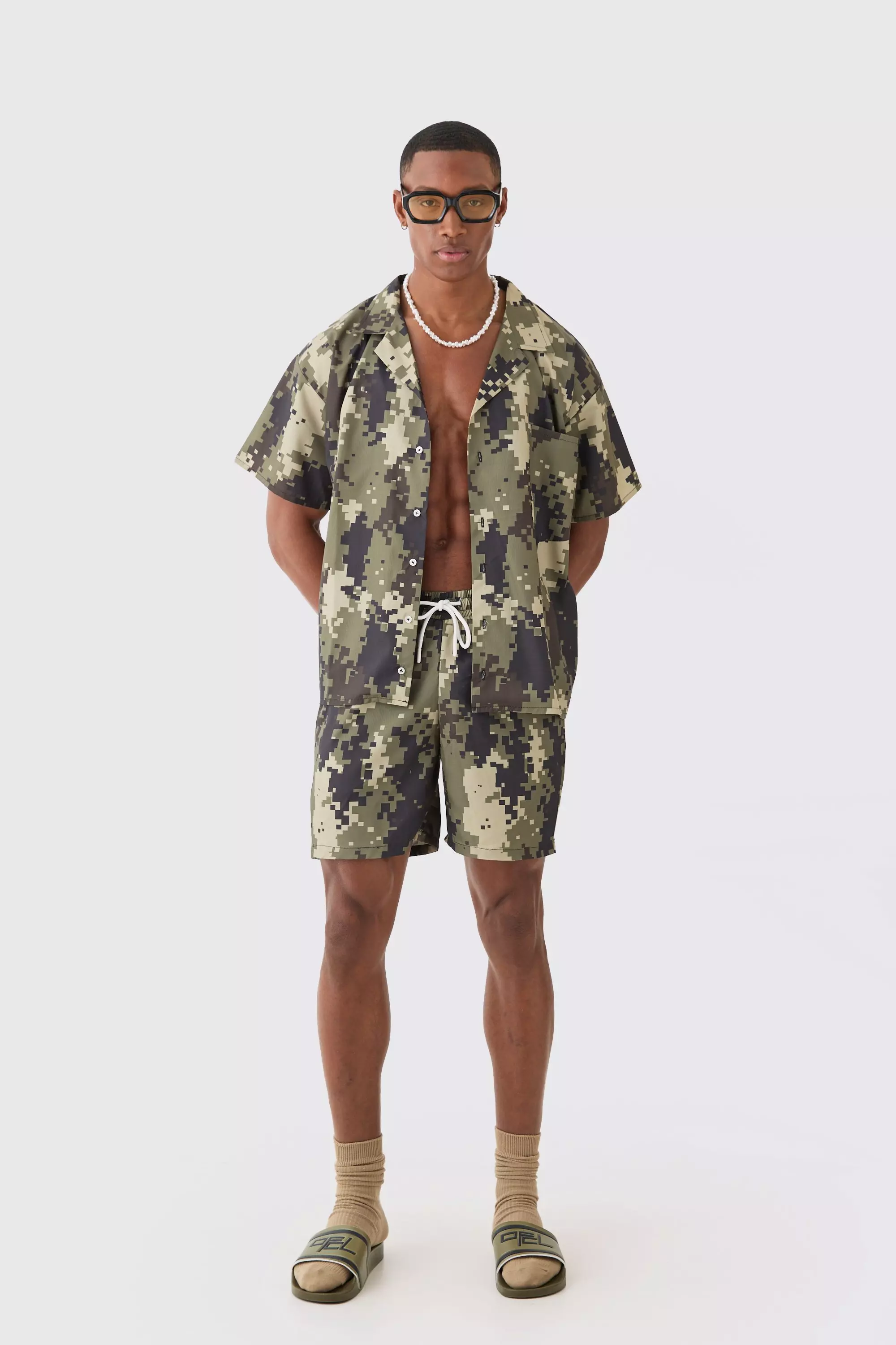 Boxy Ripstop Blur Camo Shirt & Mid Length Swim Short Set Khaki
