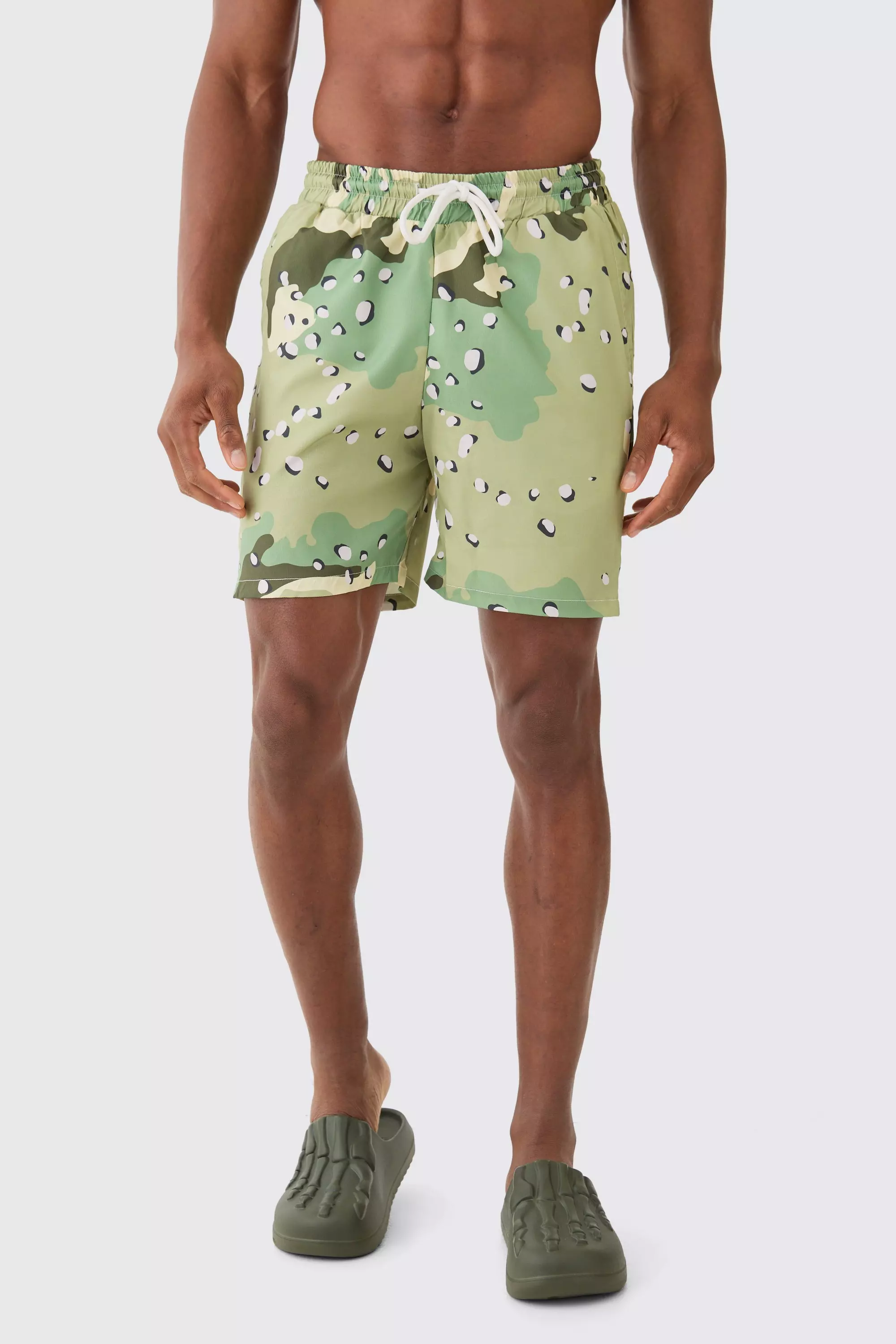 Mid Length Camo Ripstop Swim Trunks Green