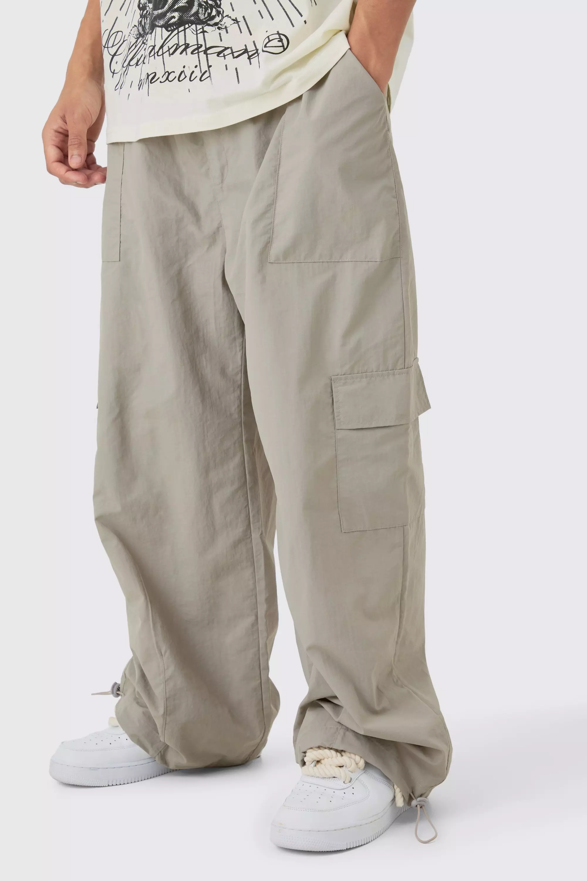 Grey Elasticated Waist Cargo Pocket Parachute Pants