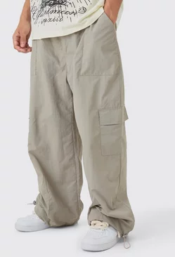 Elastic Waist Cargo Pocket Parachute Trousers Grey