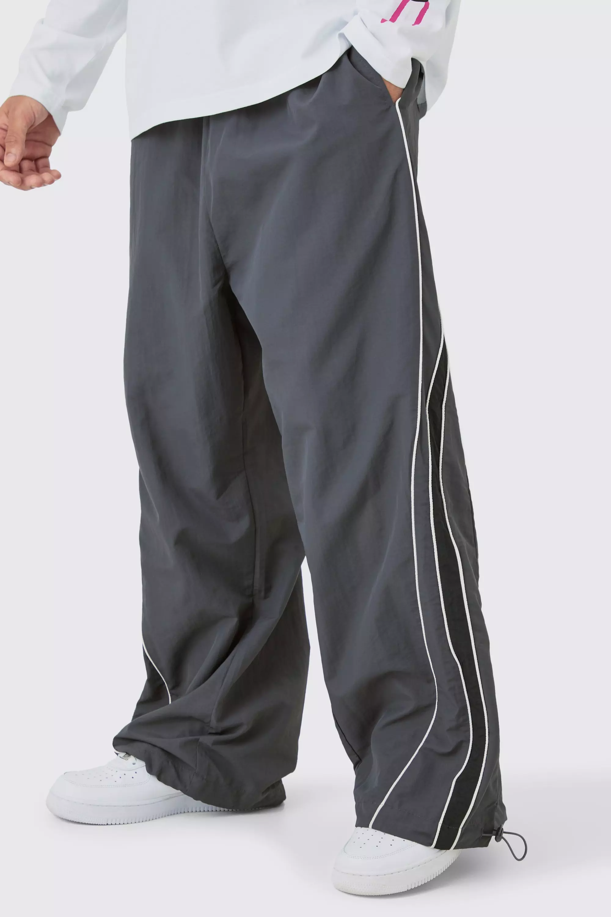 Charcoal Grey Elastic Waist Piping Detail Parachute Pants