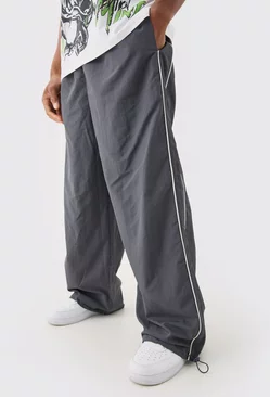 Charcoal Grey Elastic Waist Side Stripe Parachute Pants