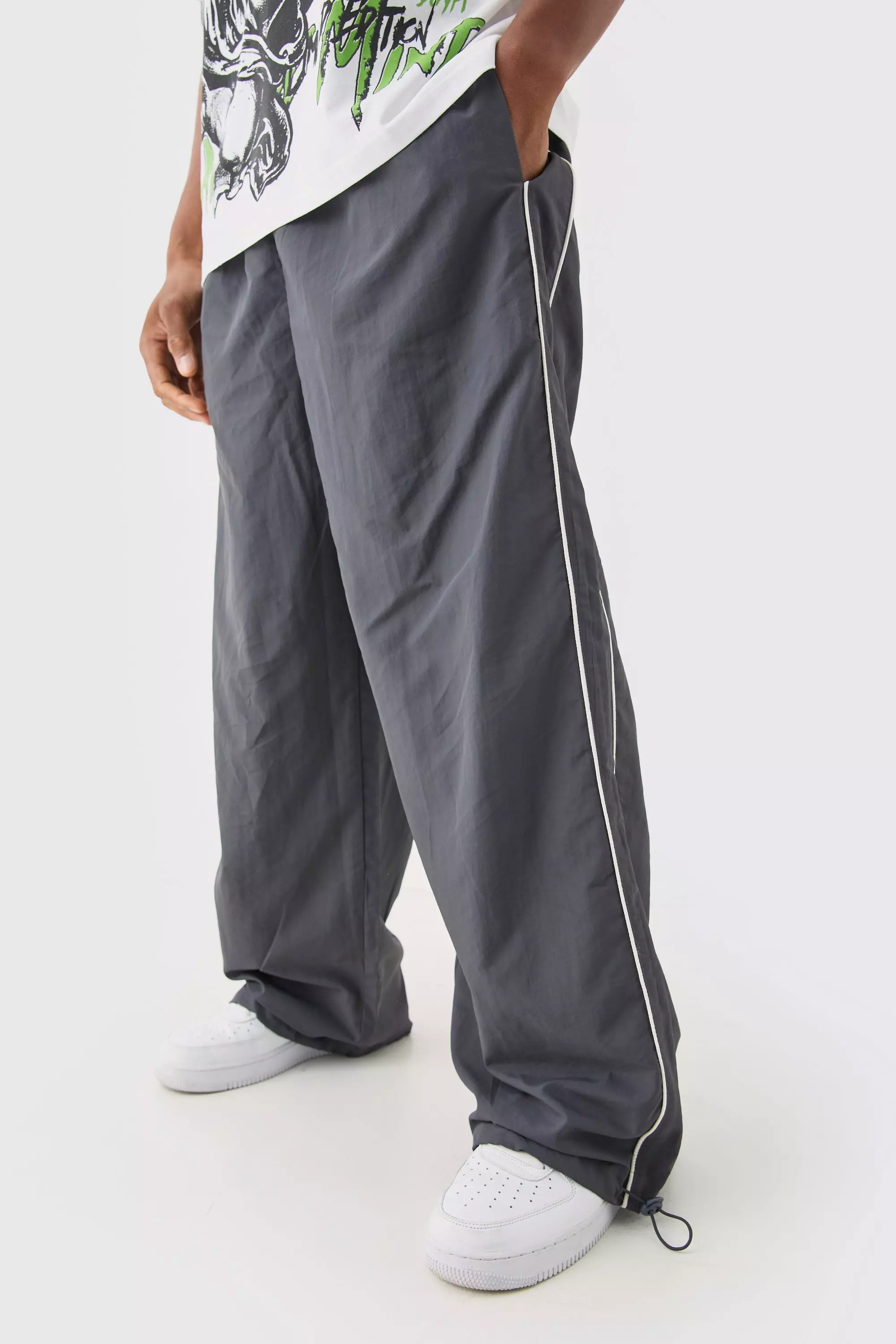 Charcoal Grey Elastic Waist Side Stripe Parachute Pants