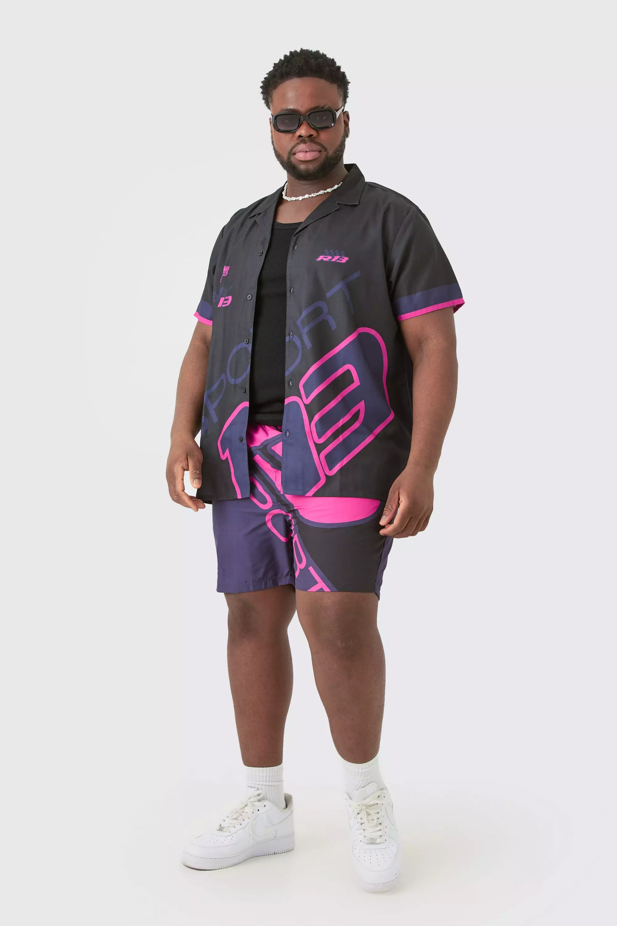 Plus Regular Moto Print Shirt & Swim Trunks Set Black