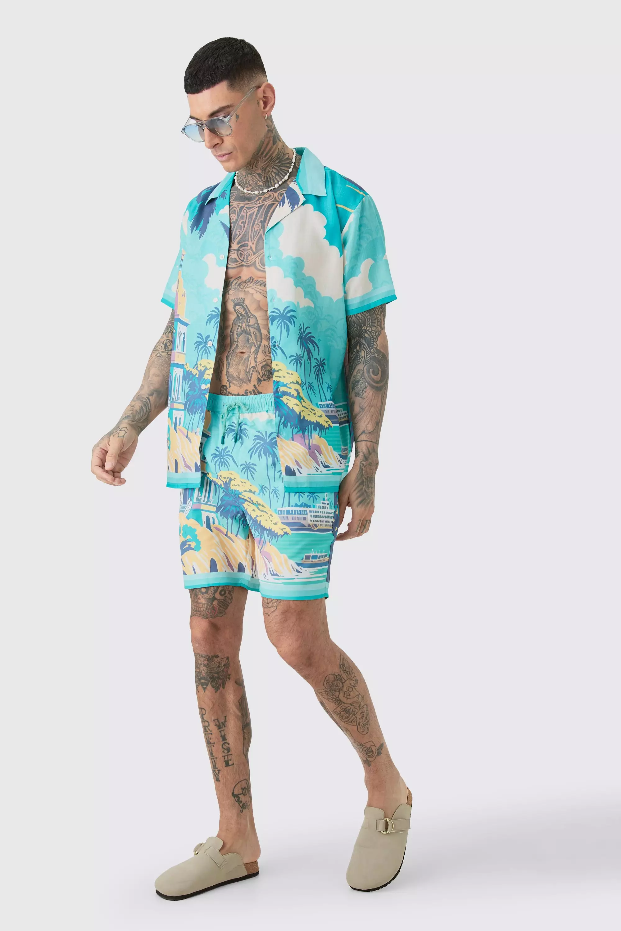 Tall Regular Landscape Print Shirt & Swim Short Set Blue