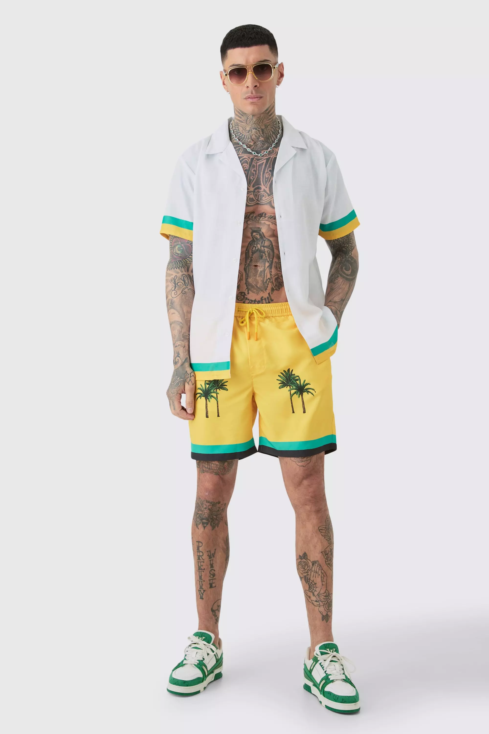 Tall Regular Resort Print Shirt & Swim Short Set In Yellow Yellow