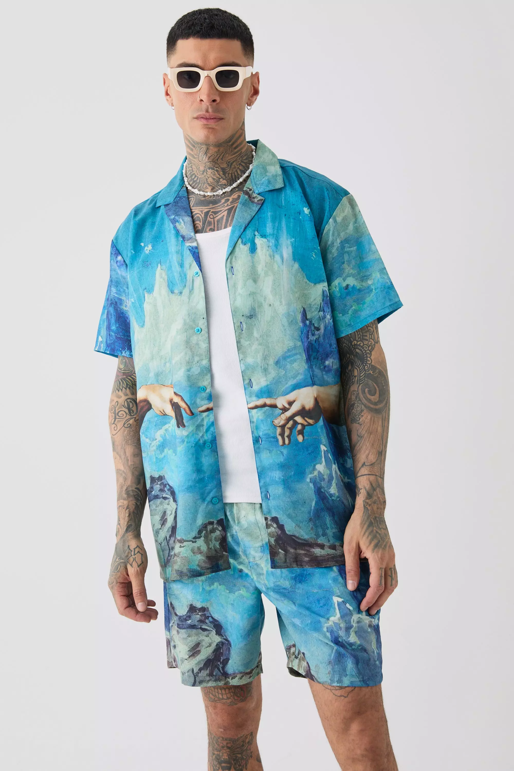 Tall Oversized Renaissance Print Shirt & Swim Short Set Blue