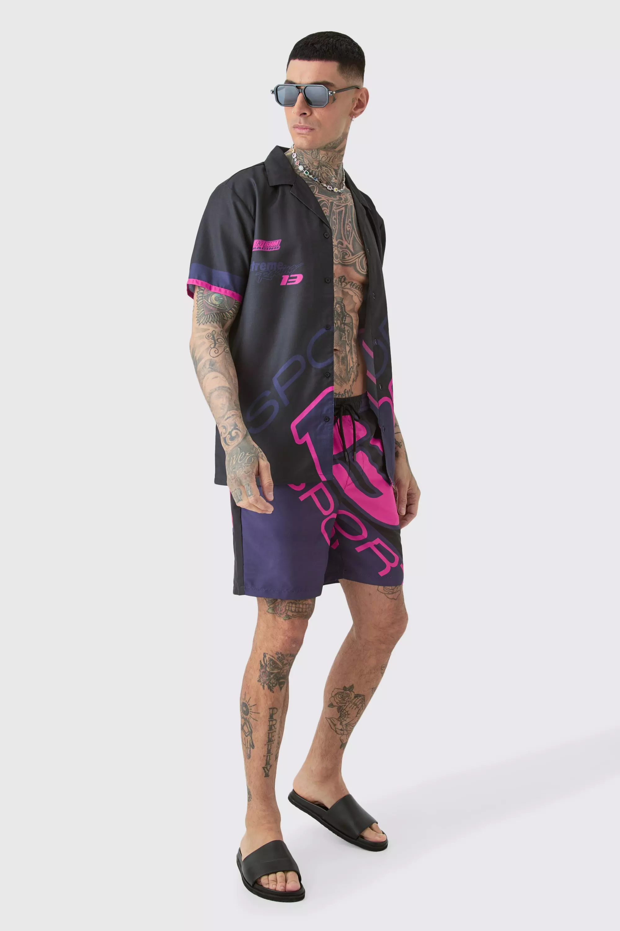 Tall Regular Moto Print Shirt & Swim Short Set Black