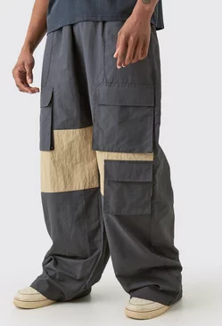 Tall Colour Block Cargo Parachute Pants Charcoal