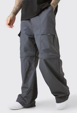 Grey Tall Zip Off Cargo Parachute Trousers