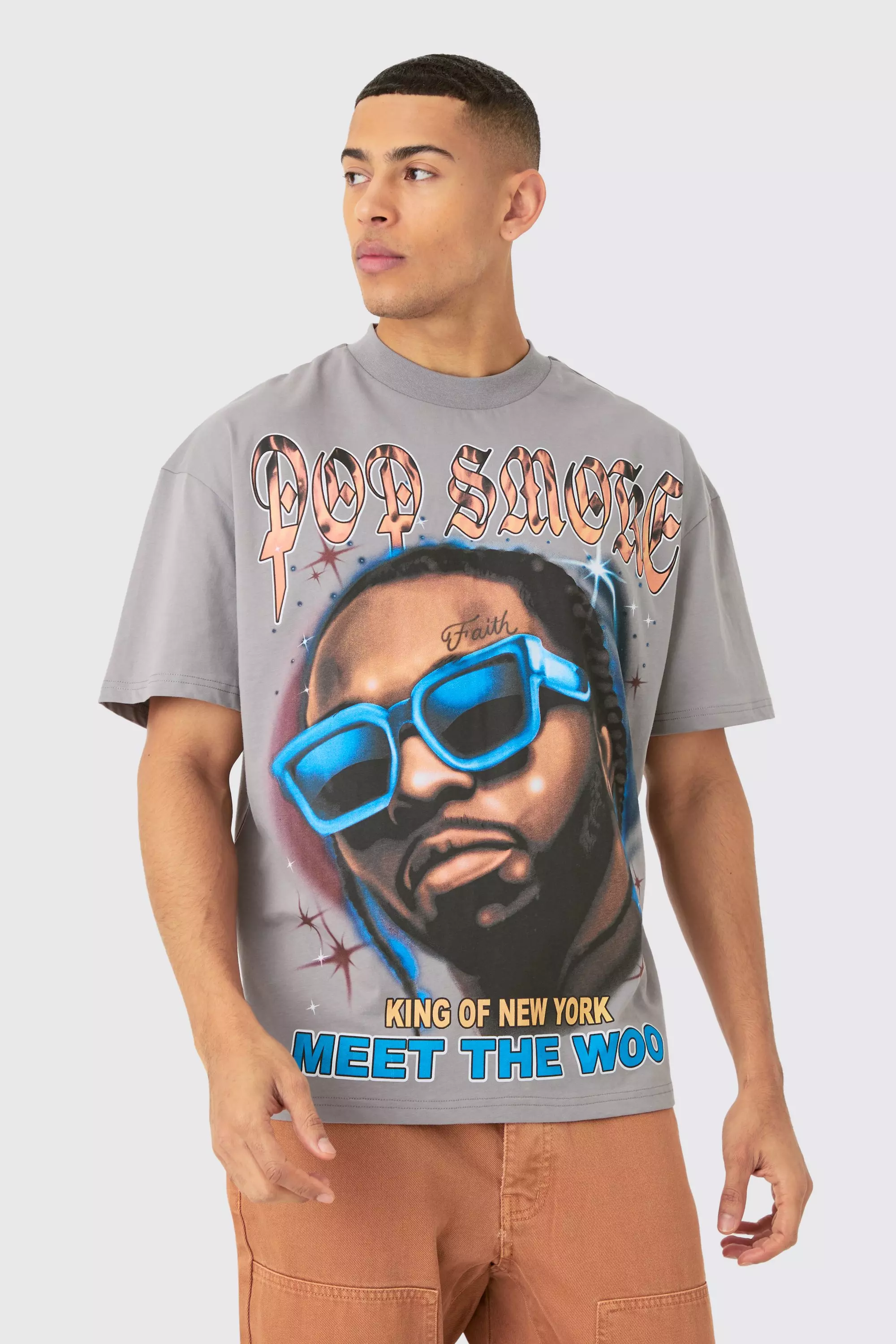 Charcoal Oversized Gelicenseerd Pop Smoke T-Shirt alternatieve afbeelding