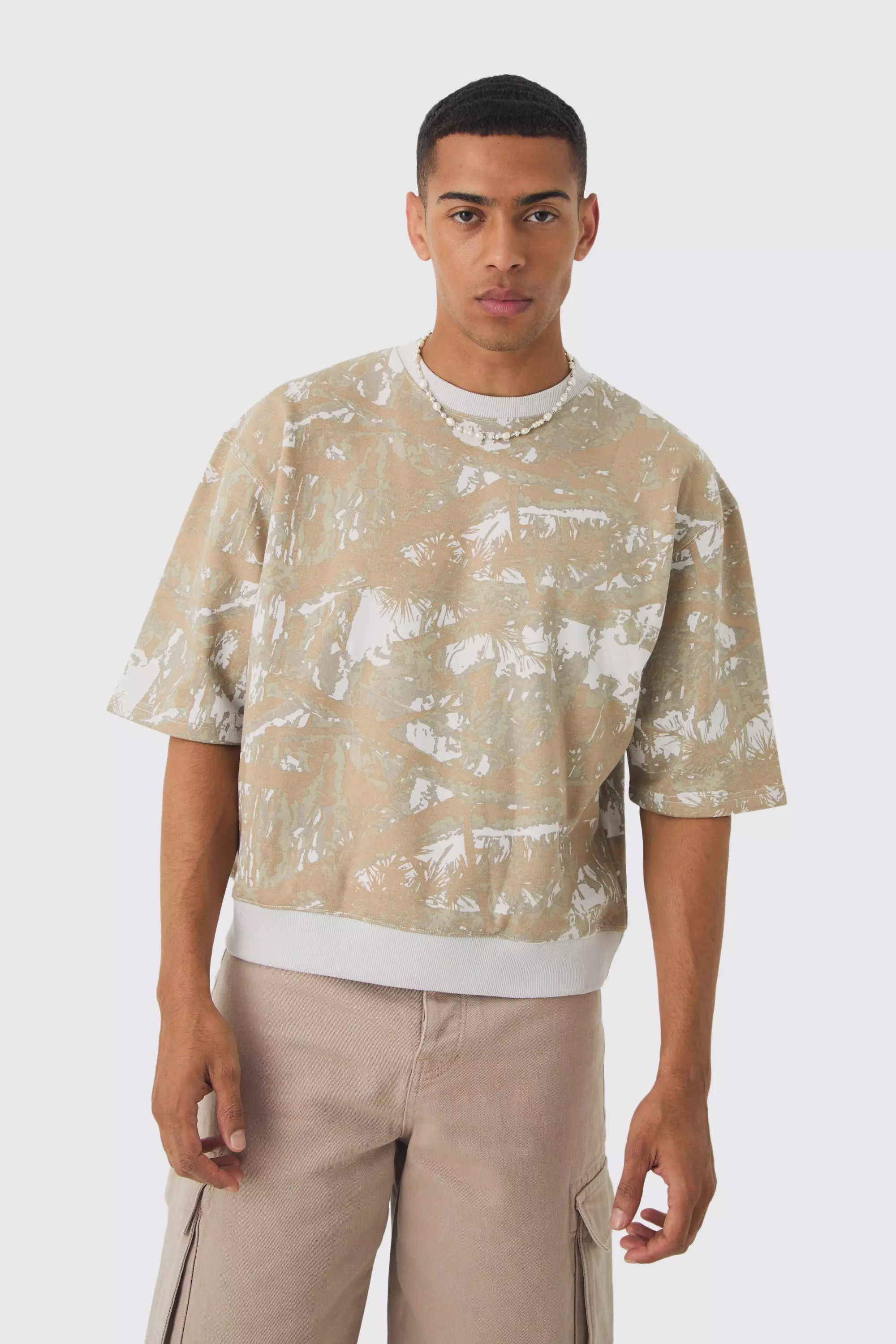 BoohooMAN Men s Oversized Boxy Short Sleeve Forest Graphic Sweatshirt Natural Sweatshirts