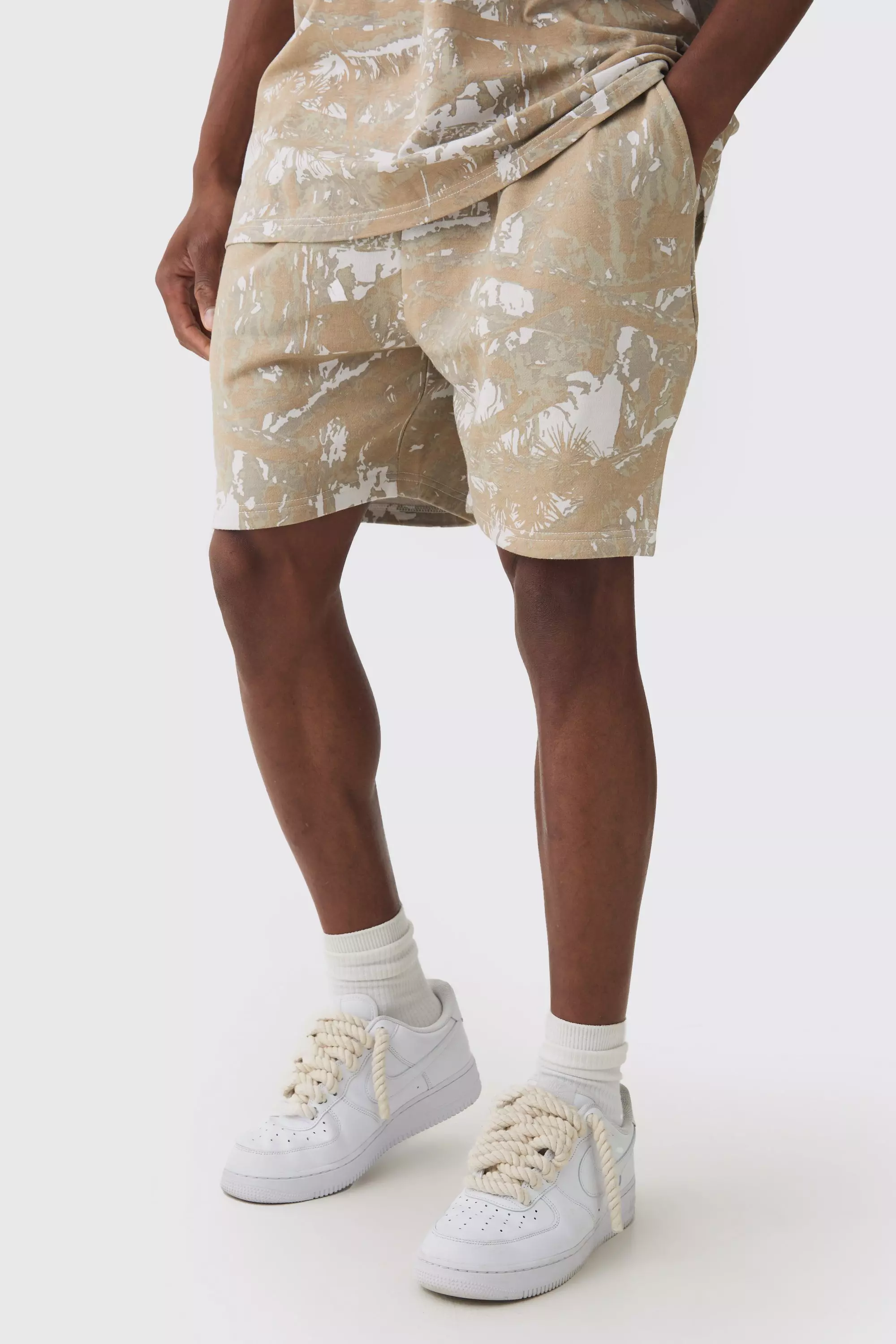 Stone Beige Relaxed Forest Camo Printed Shorts