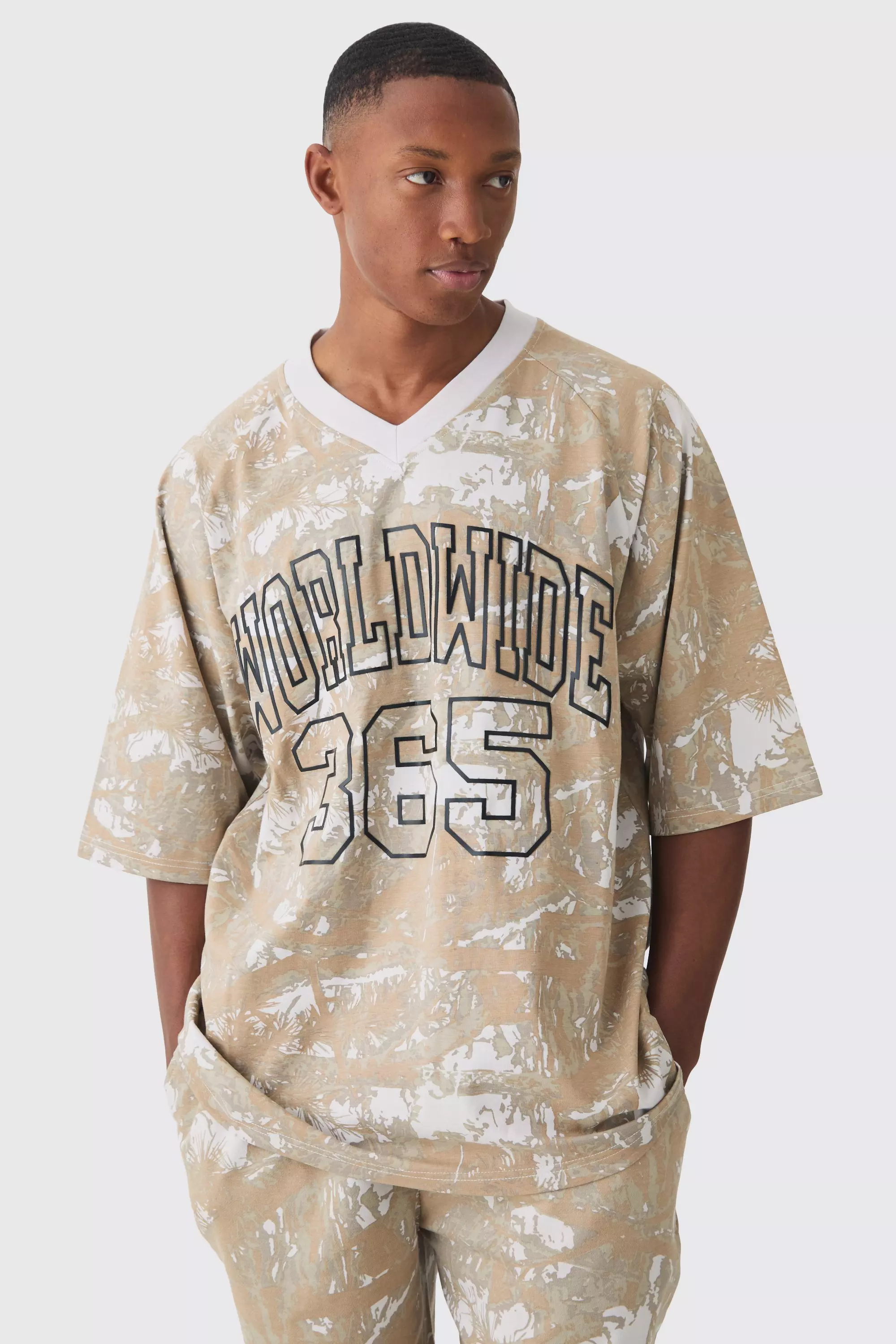 Oversized Football Worldwide Forest Printed T-shirt Stone