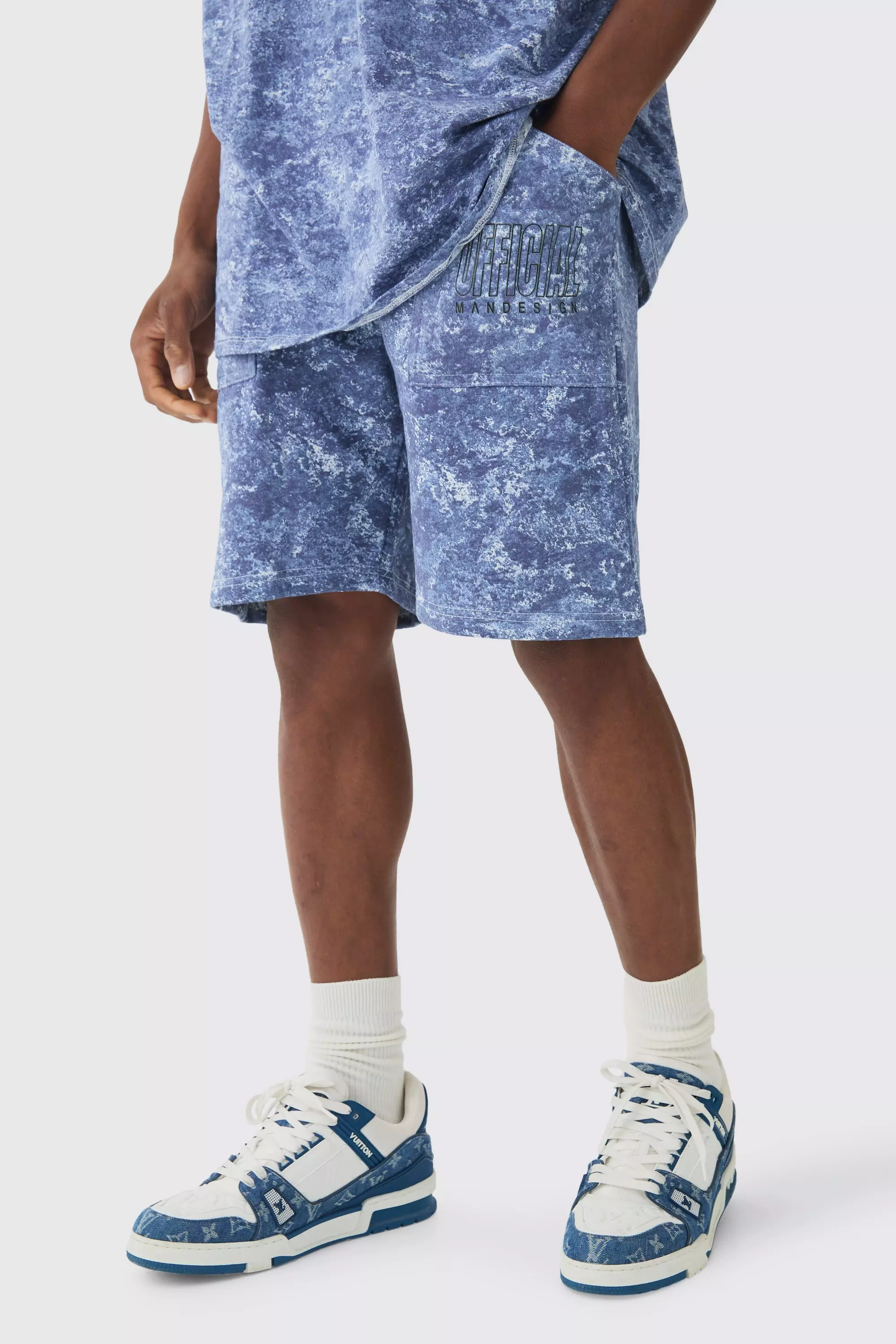 Blue Relaxed Mid Length Concrete Printed Shorts