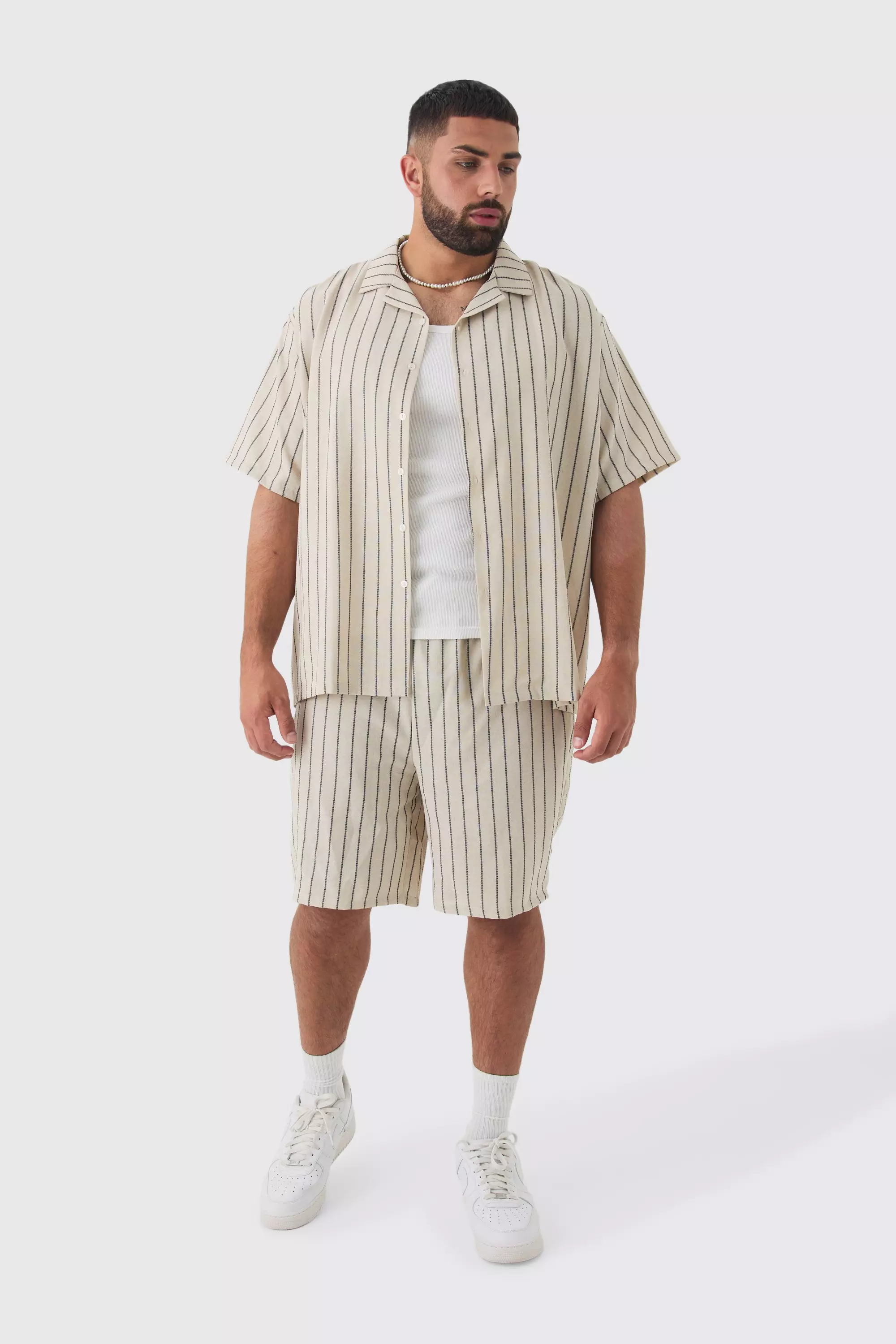 Plus Stripe Linen Revere Collar Shirt & Short Set Natural