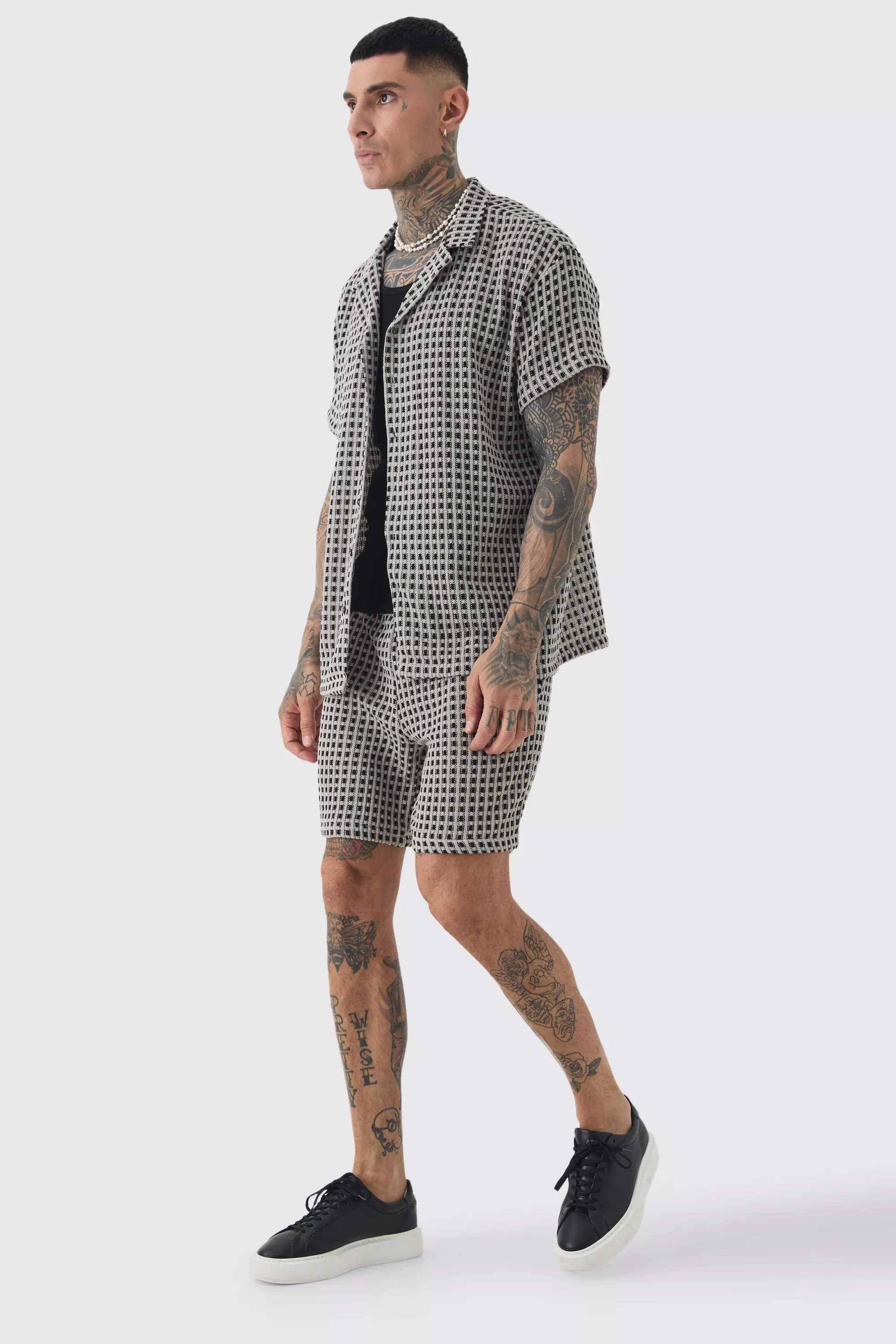 Tall Open Weave Oversized Shirt & Short Set Black