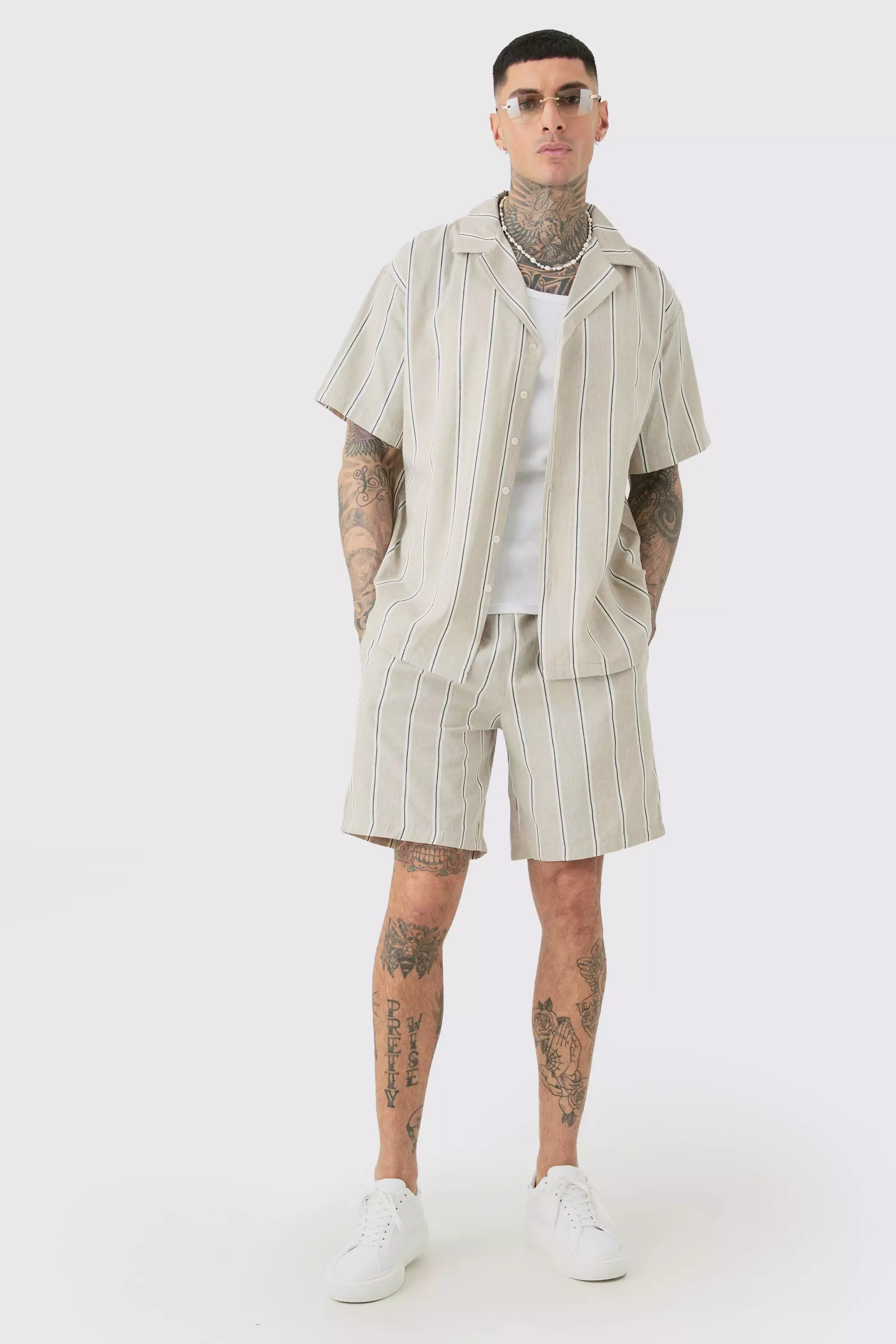 Tall Stripe Linen Revere Collar Shirt & Short Set Natural