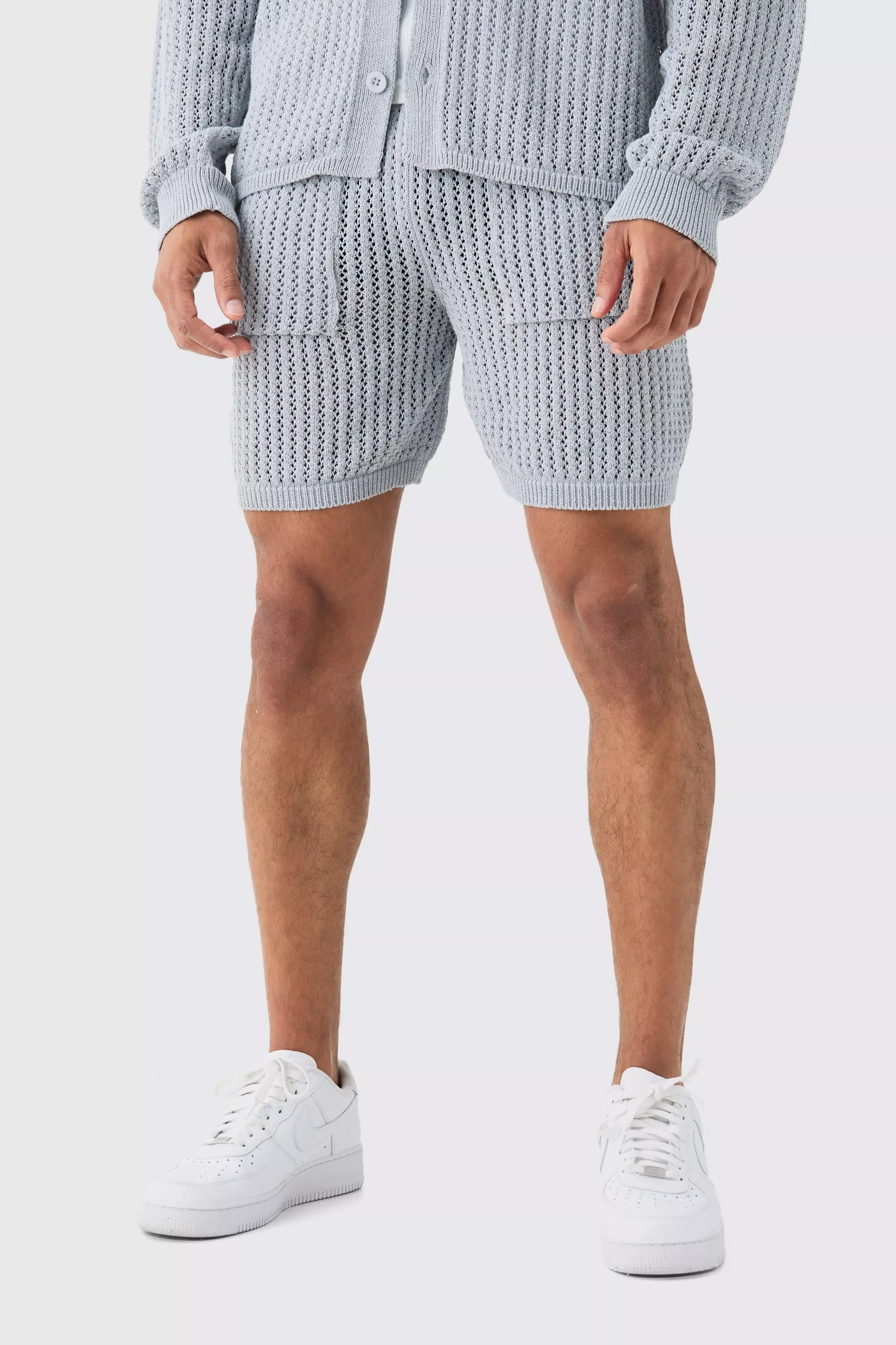 Crochet Open Knit Mid Length Shorts In Grey Grey