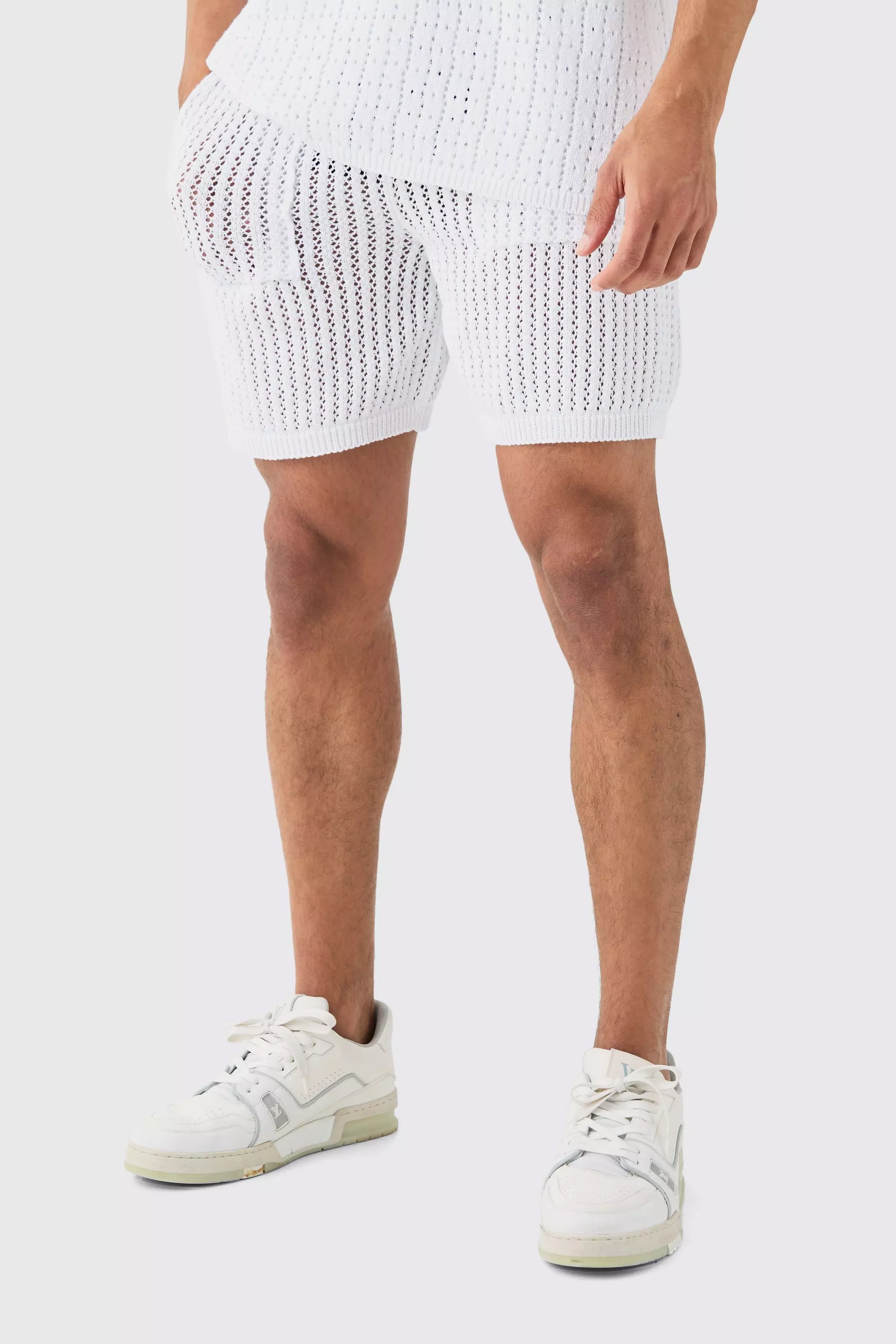 Crochet Open Knit Mid Length Shorts In White White
