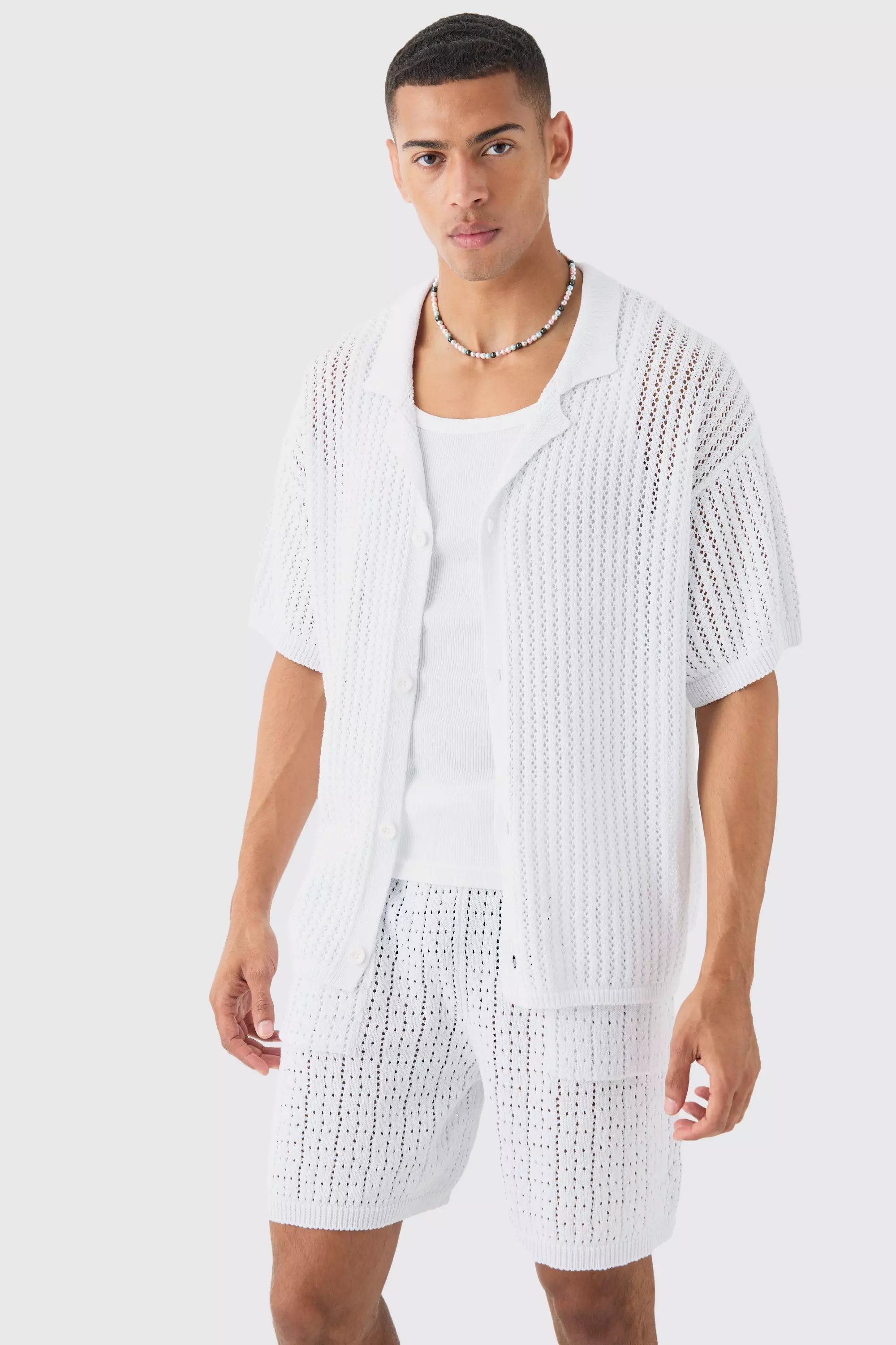 Boxy Crochet Open Knit Revere Shirt In White White