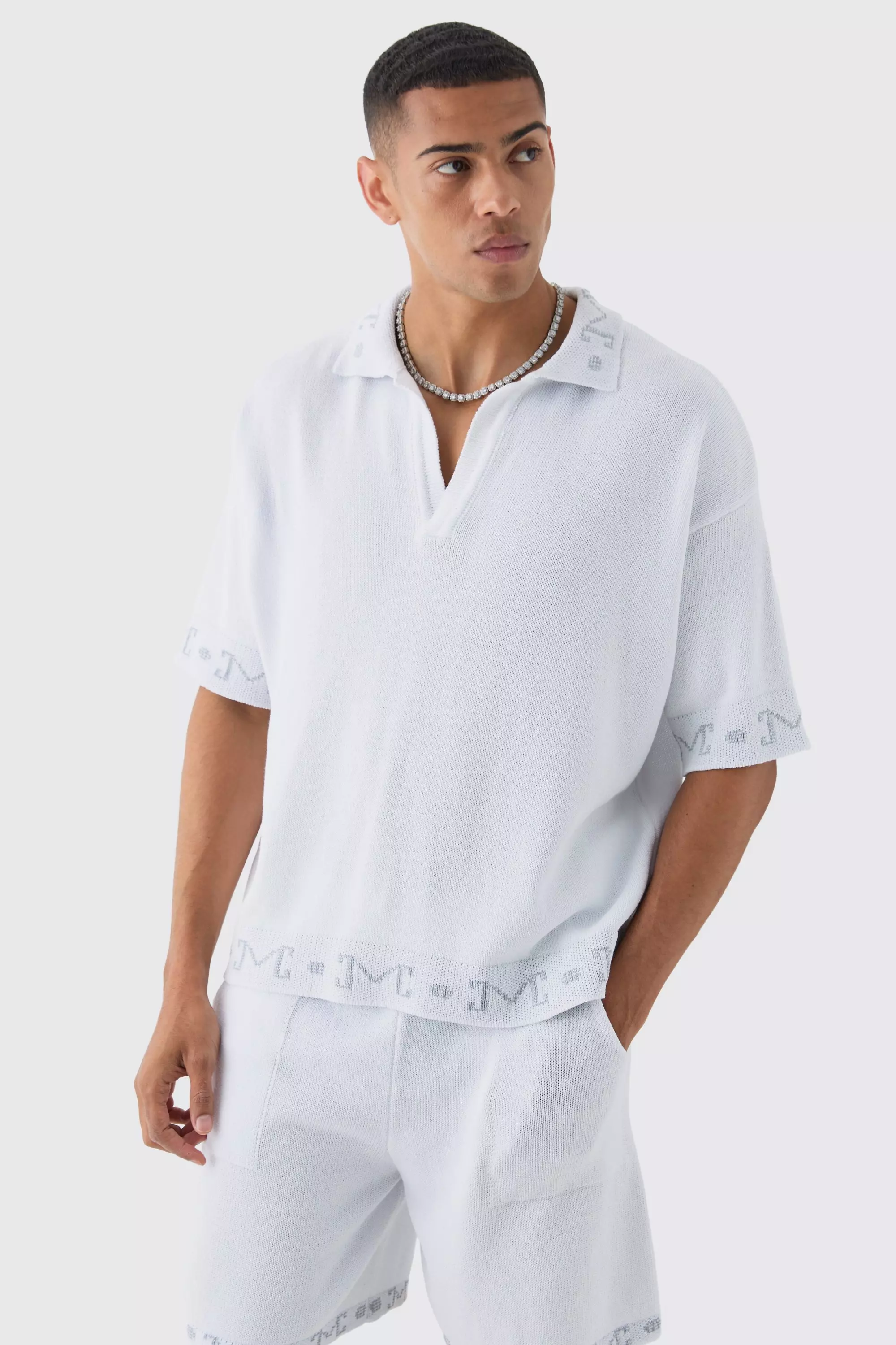 Relaxed Jacquard Detail Knitted Polo In White White