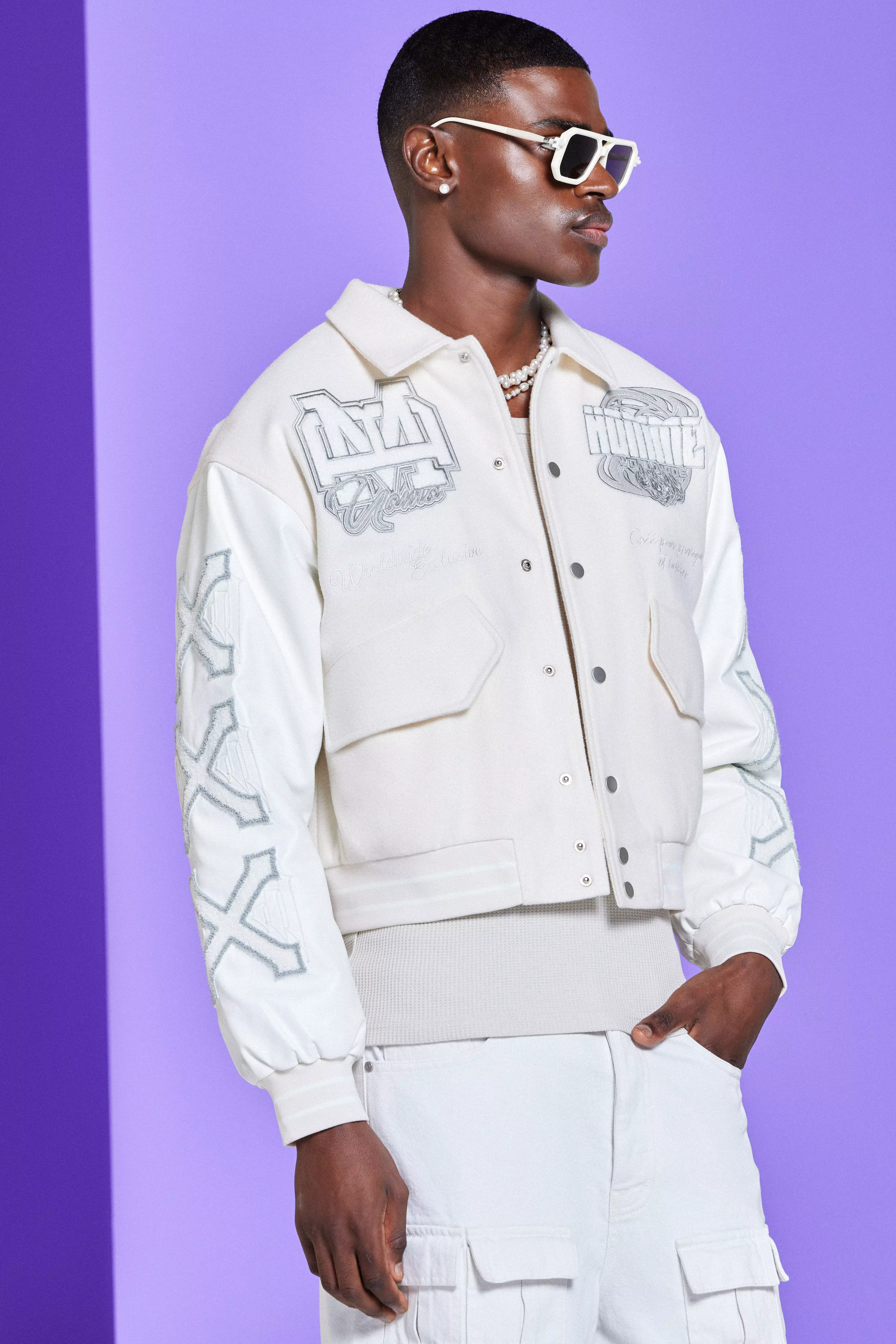 Boxy Tonal Badge Varsity Jacket In Ecru Ecru