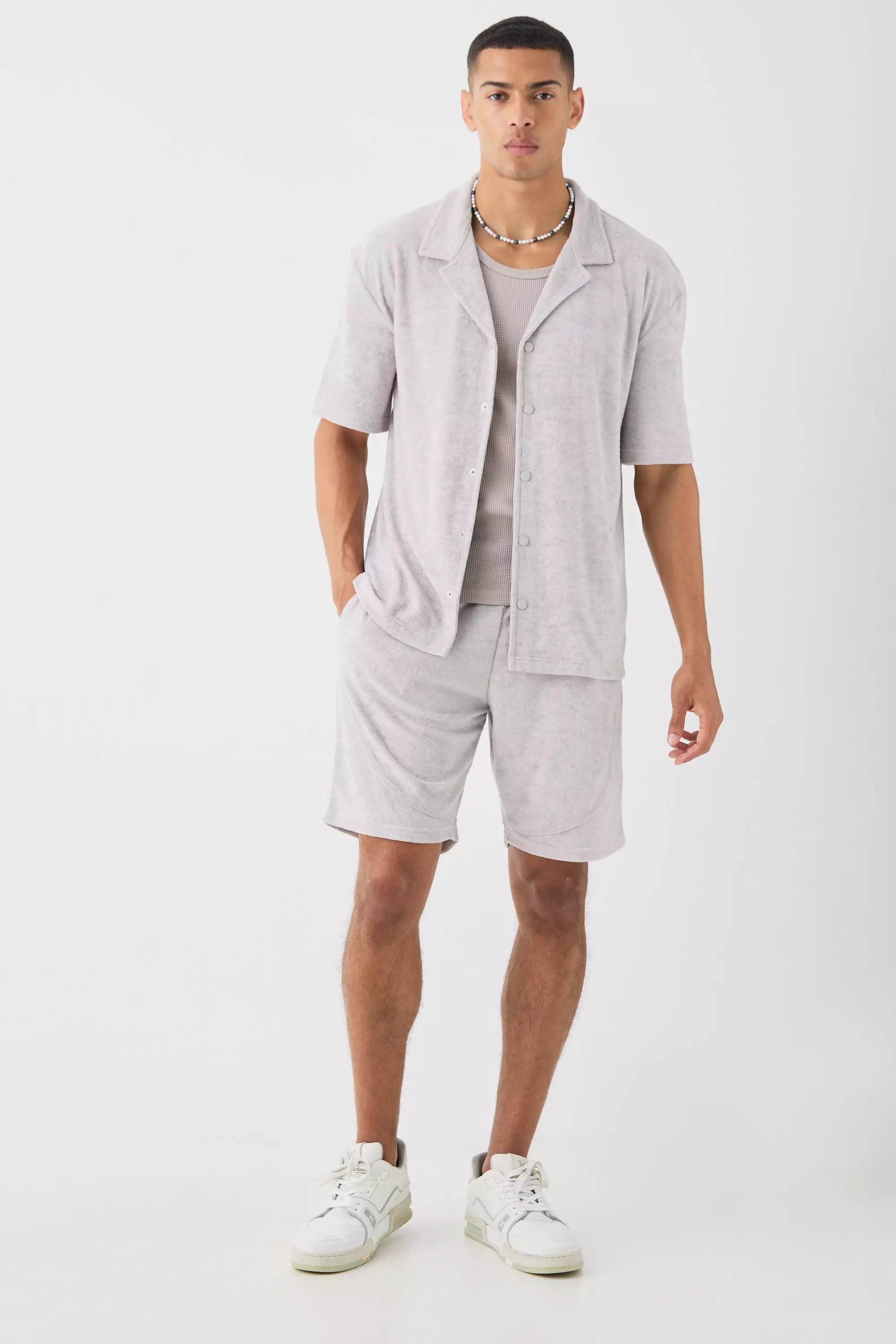 Drop Revere Towelling Shirt And Short Set Taupe